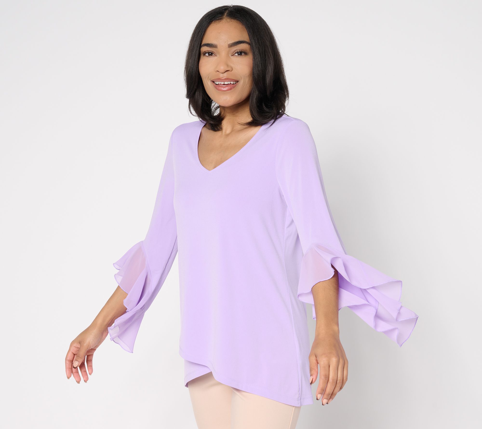 "As Is" Susan Graver Petite Liquid Knit Tunic with Ruffle Sleeves