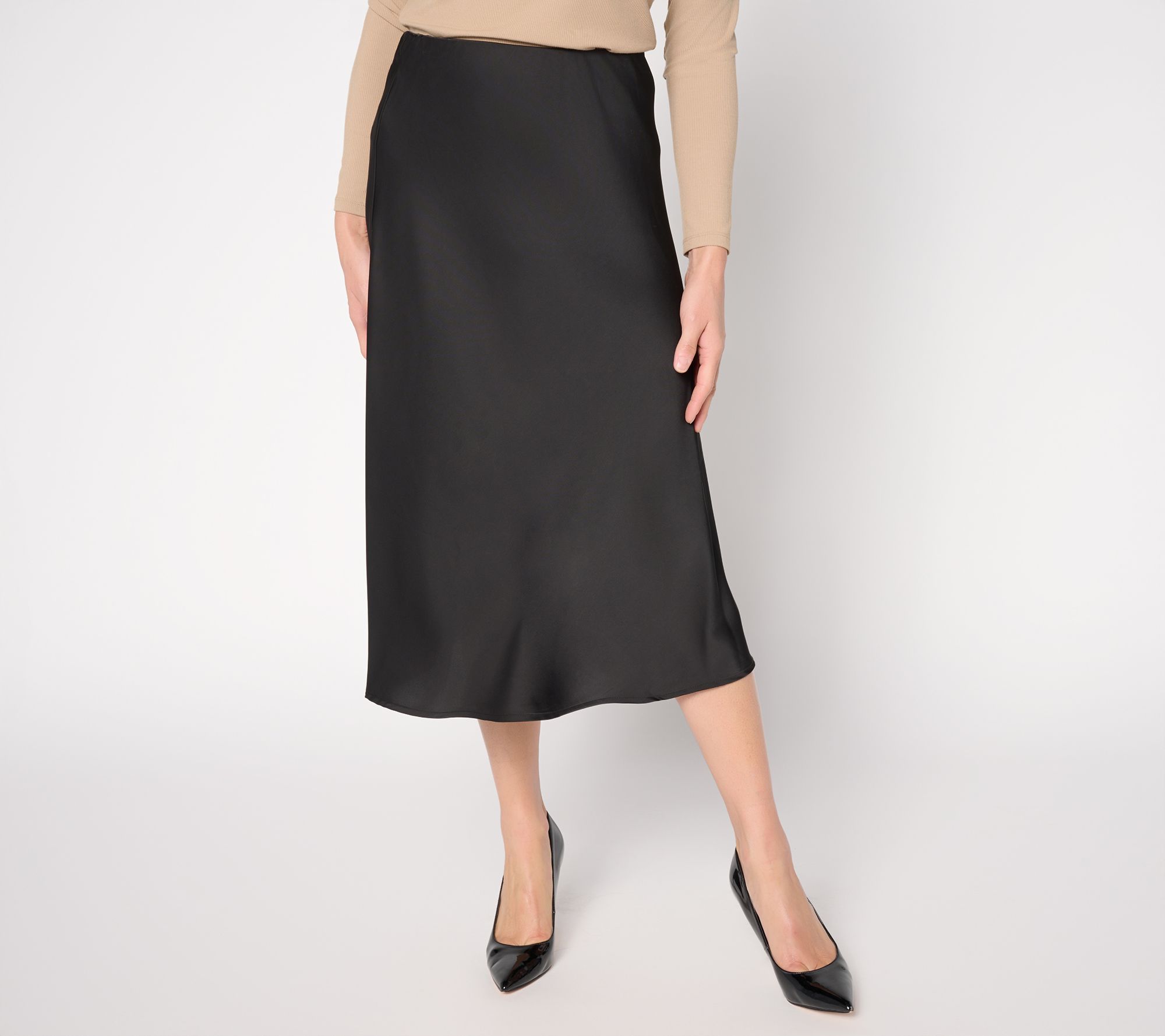 Susan Graver Petite Satin Pull-On Midi Skirt