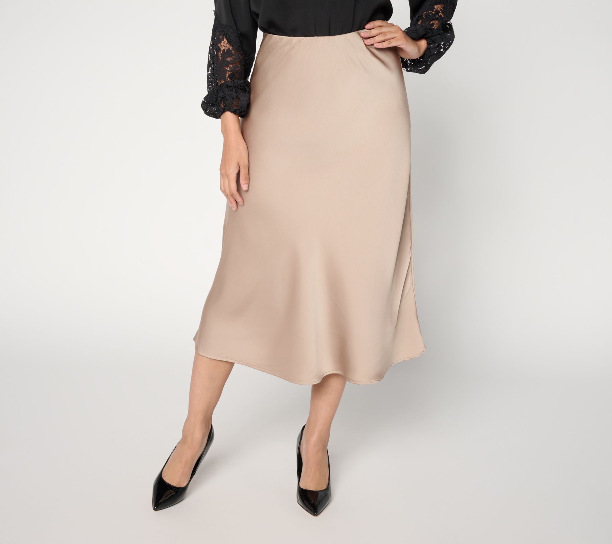 Susan Graver Petite Satin Pull-On Midi Skirt