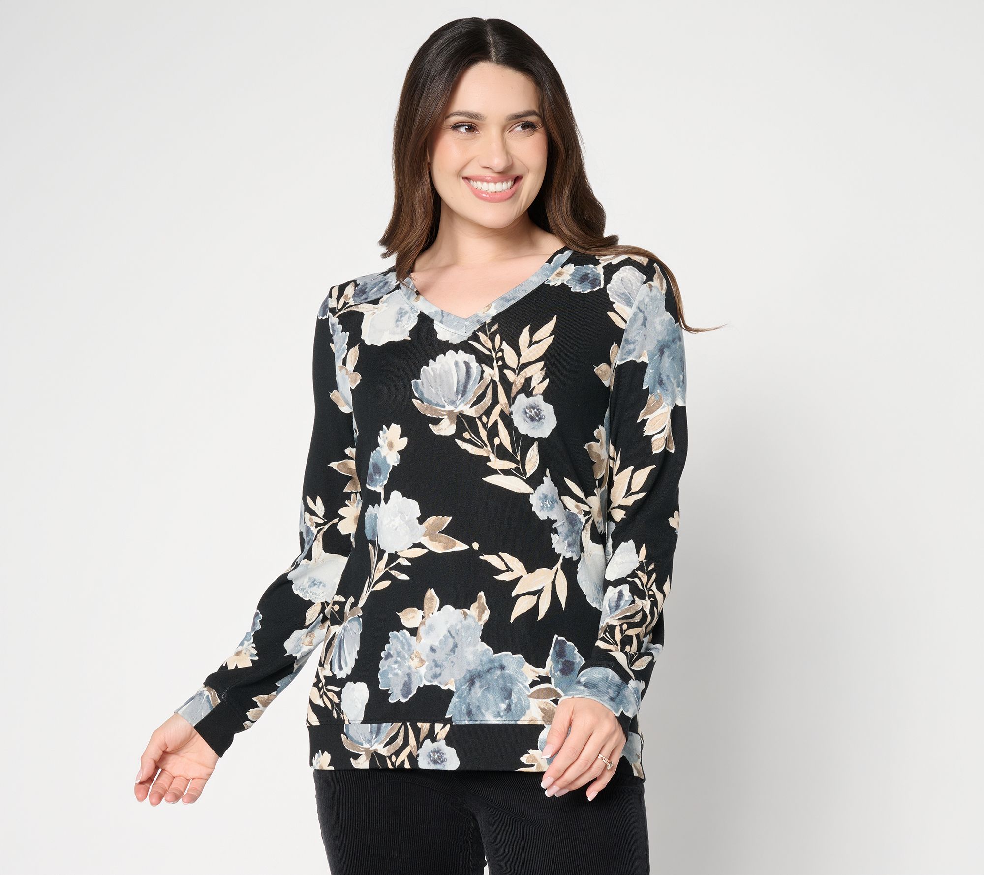 Denim & Co. Printed Heavenly Jersey V-Neck Pullover
