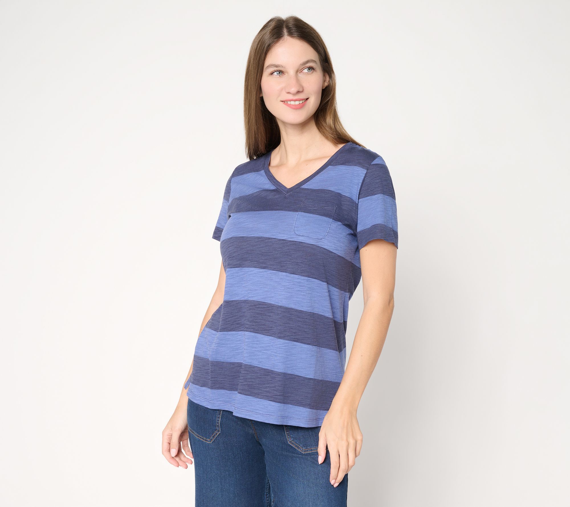 Belle by Kim Gravel Slub Knit Stripe it Up! V Neck Top