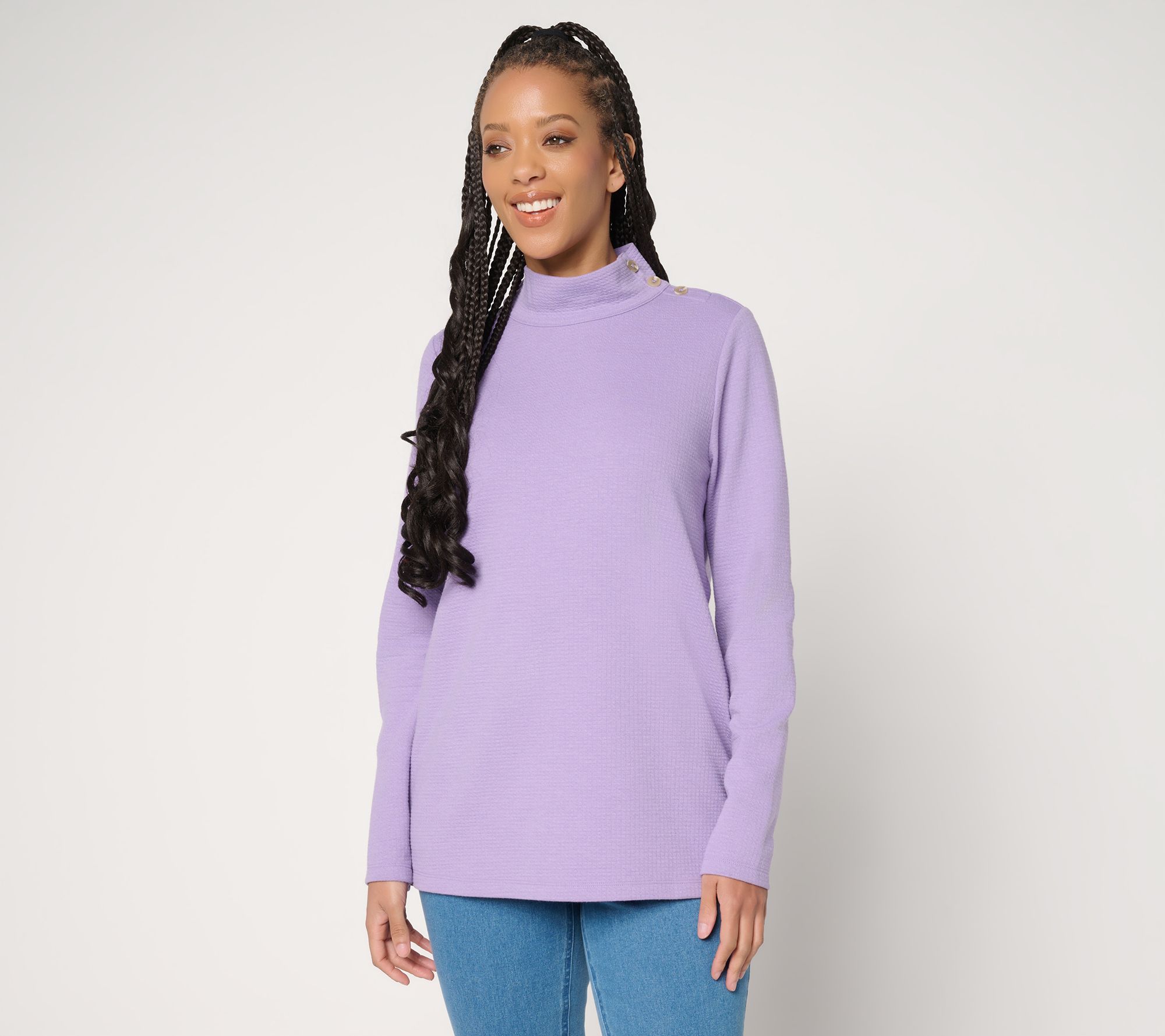 Denim & Co. Textured Knit Mock Neck Top with Button Detail