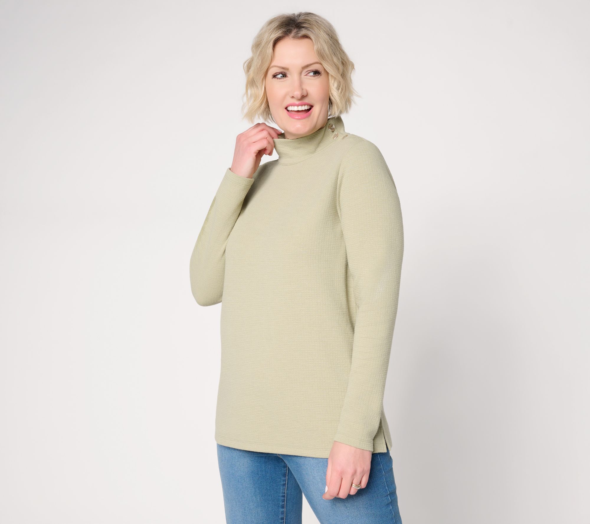 Denim & Co. Textured Knit Mock Neck Top with Button Detail