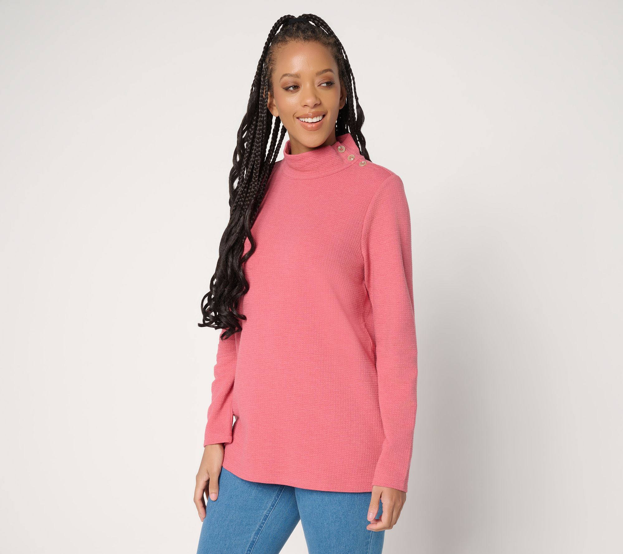 Denim & Co. Textured Knit Mock Neck Top with Button Detail
