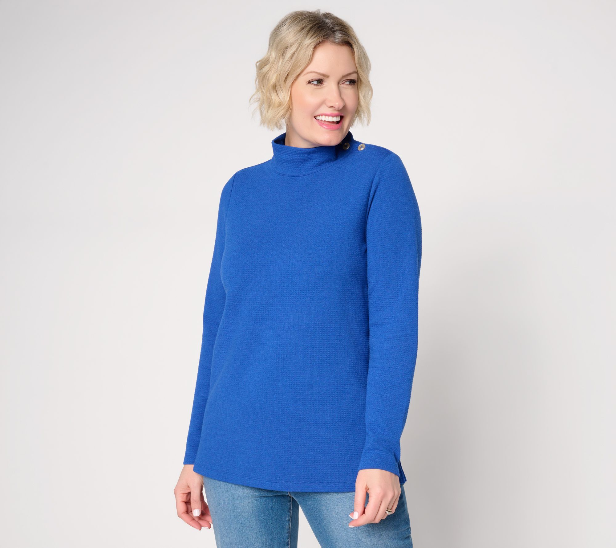 Denim & Co. Textured Knit Mock Neck Top with Button Detail