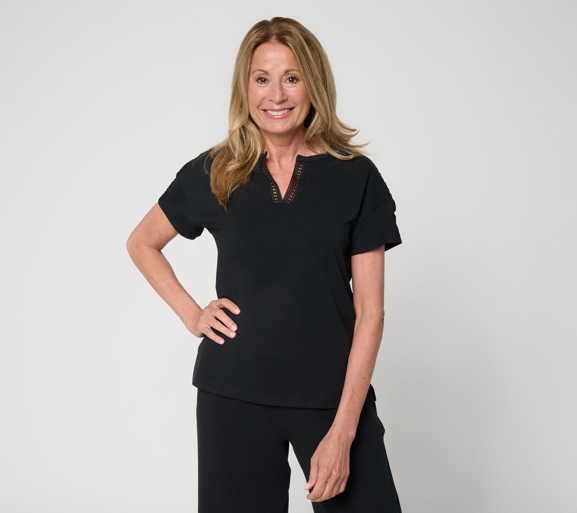 Cuddl Duds Cottonwear+ Lace Trim Split Neck Tee