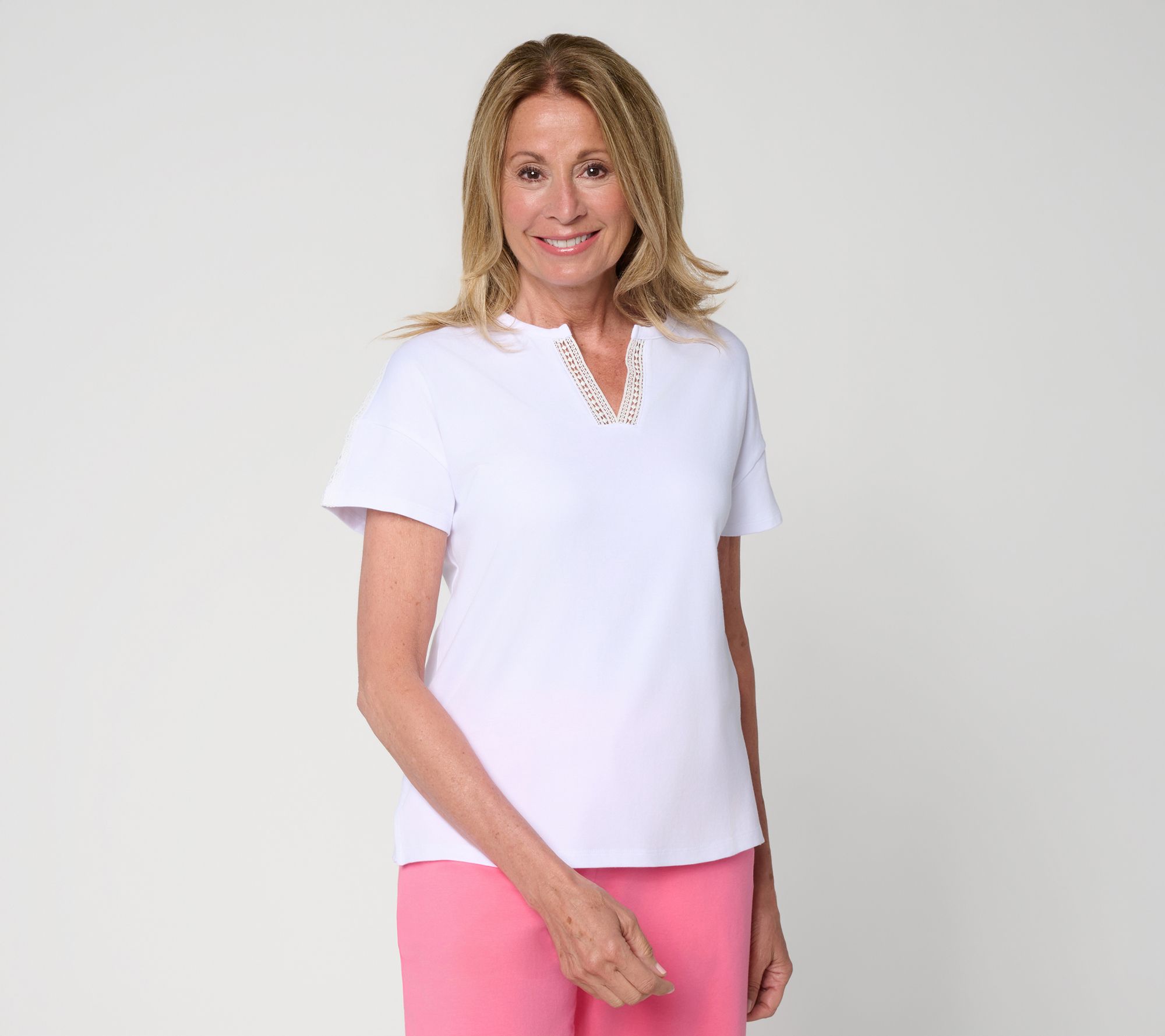 Cuddl Duds Cottonwear+ Lace Trim Split Neck Tee