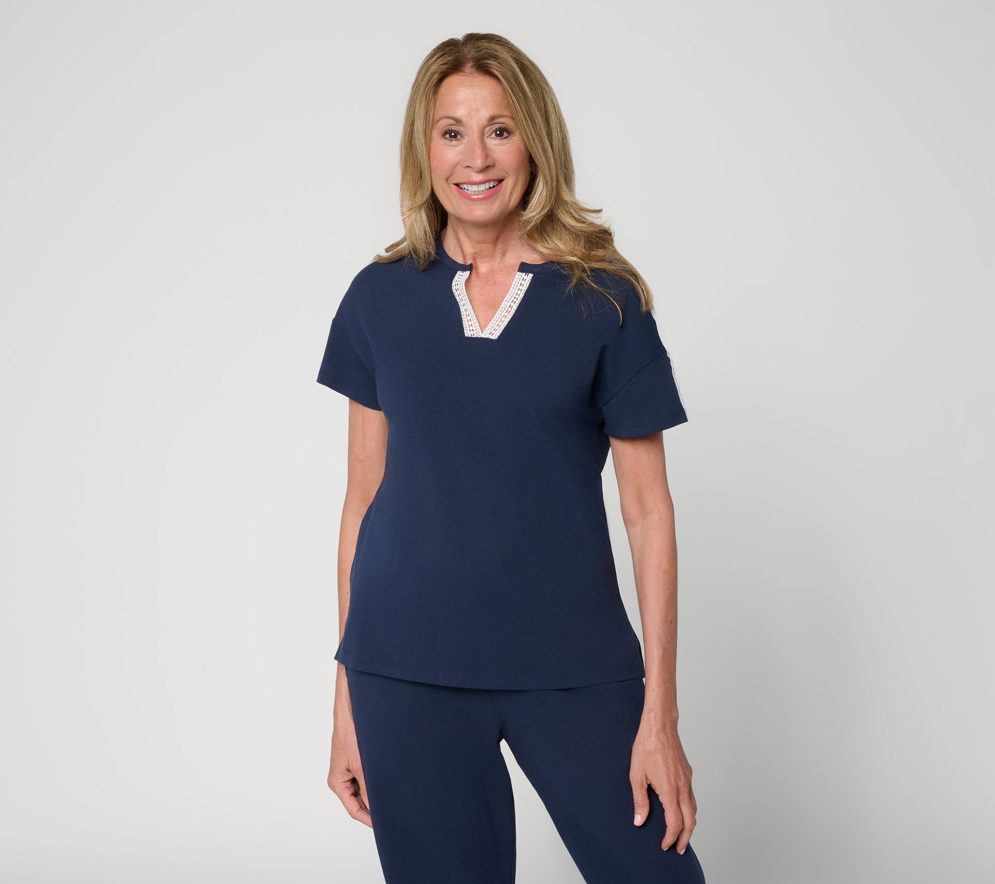 Cuddl Duds Cottonwear+ Lace Trim Split Neck Tee