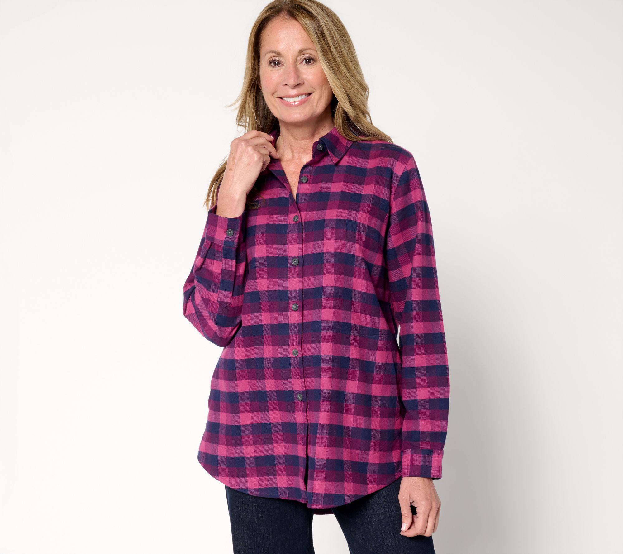"As Is" Joan Rivers Petite Flannel Buffalo Check Shirt w/ Back Buttons