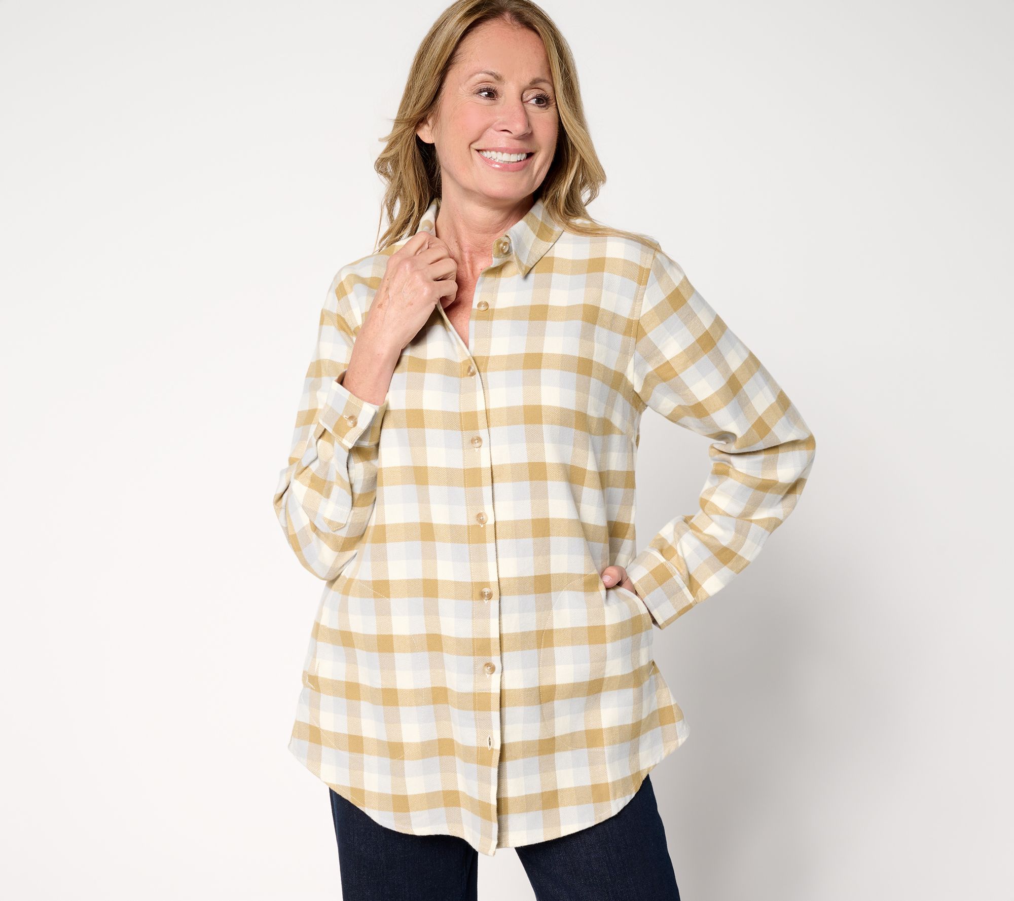 "As Is" Joan Rivers Petite Flannel Buffalo Check Shirt w/ Back Buttons