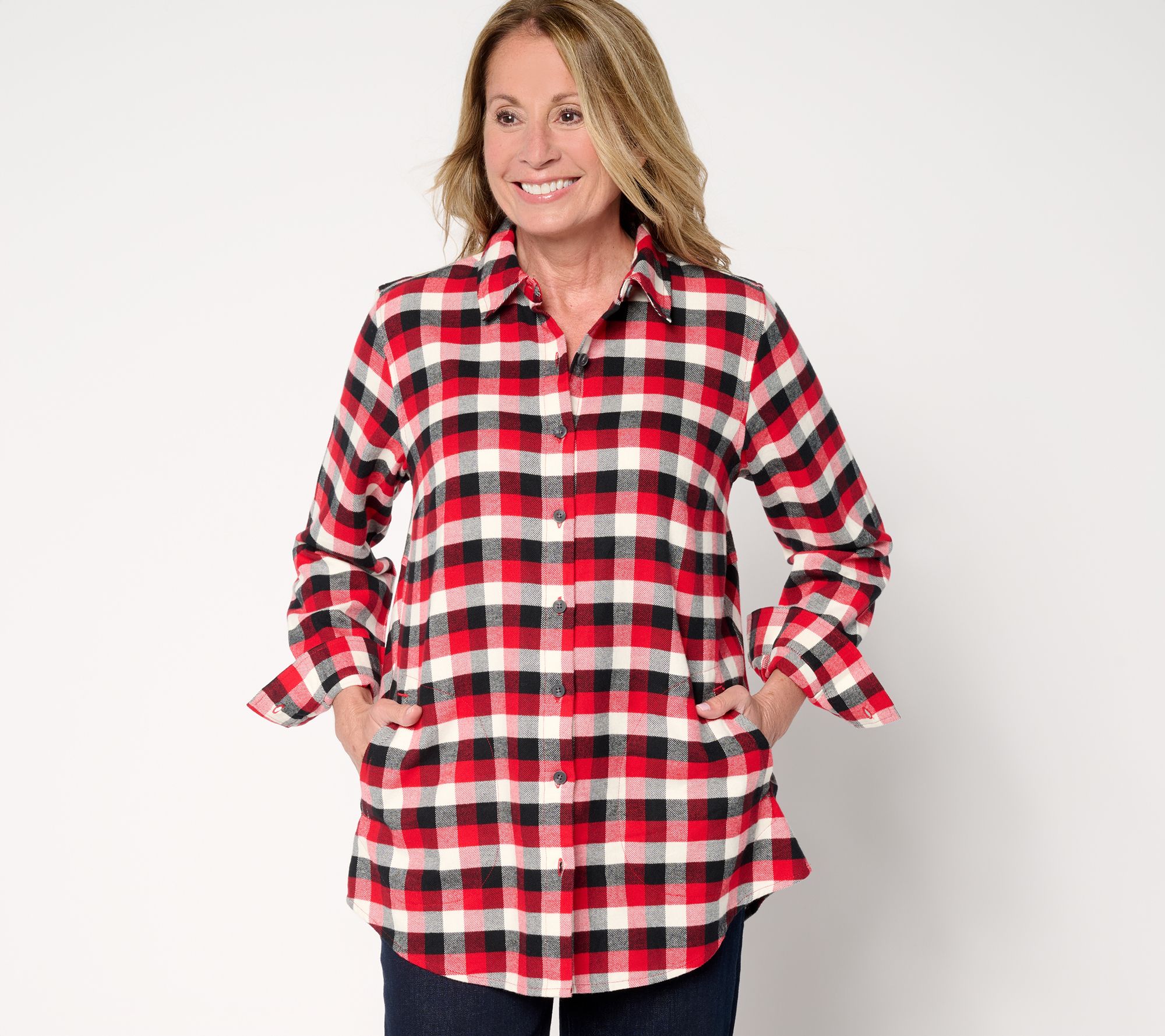 "As Is" Joan Rivers Petite Flannel Buffalo Check Shirt w/ Back Buttons