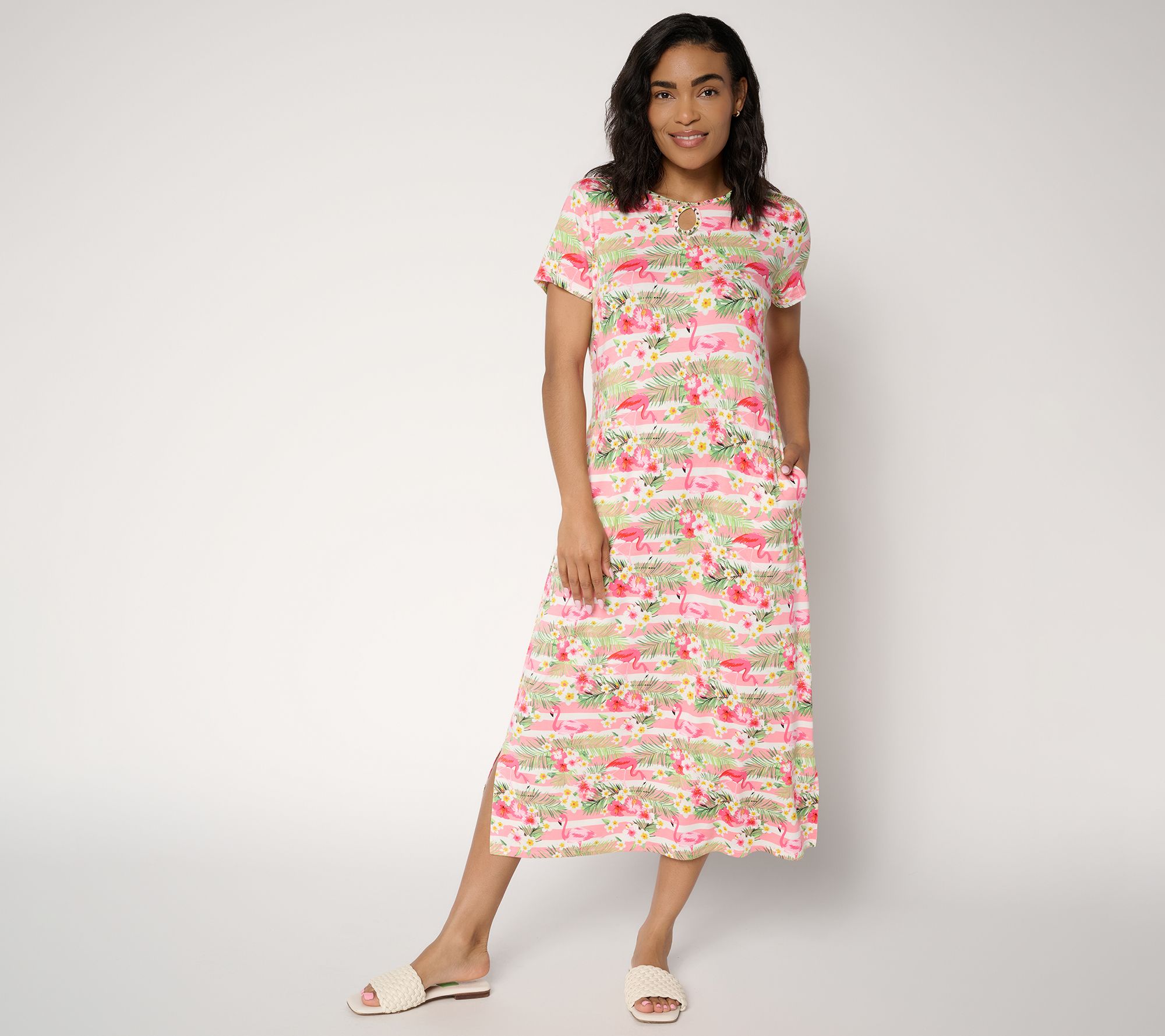 Quacker Factory Pink Flamingos Rhinestone Keyhole Printed Maxi Dress