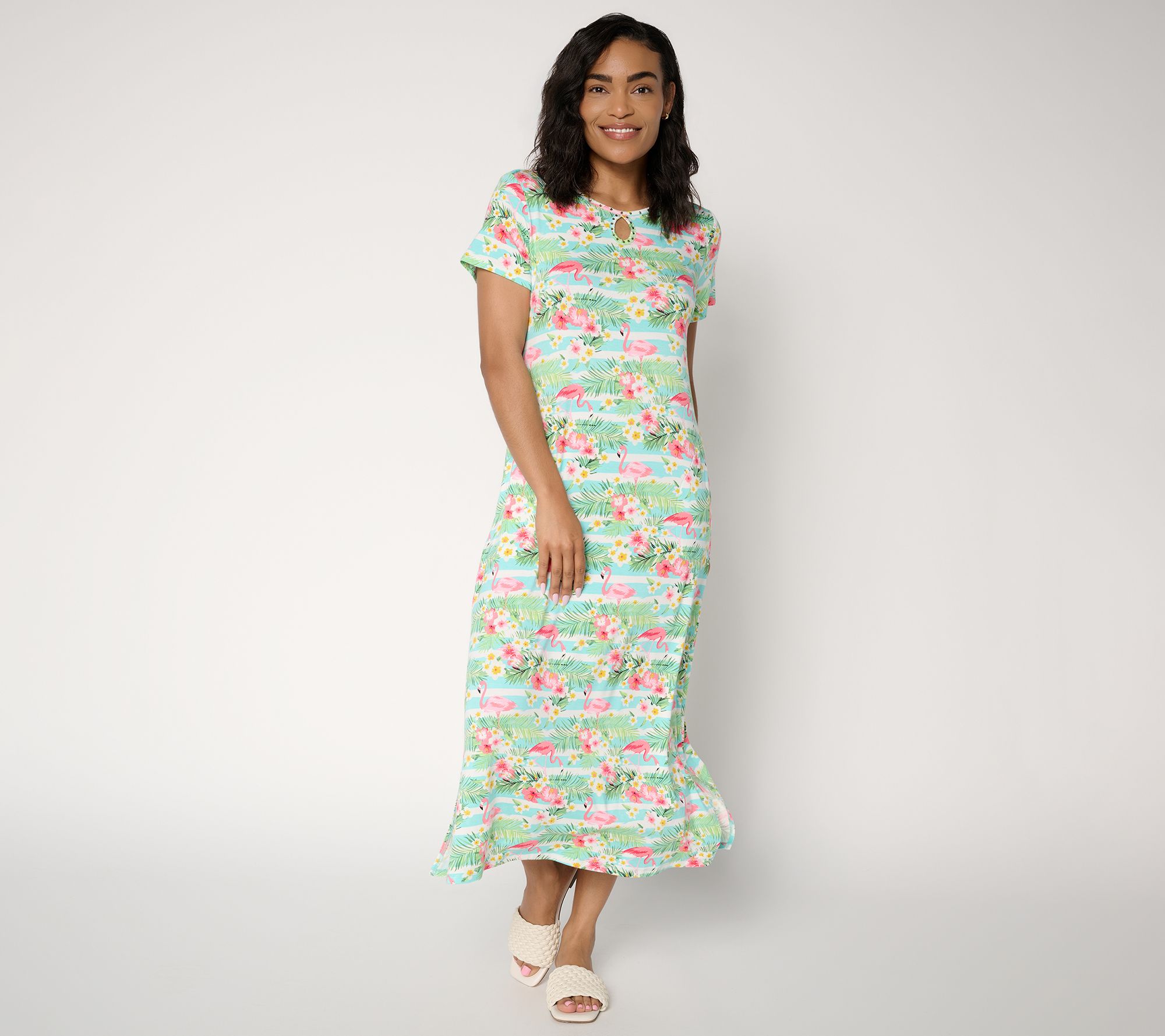 Quacker Factory Pink Flamingos Rhinestone Keyhole Printed Maxi Dress