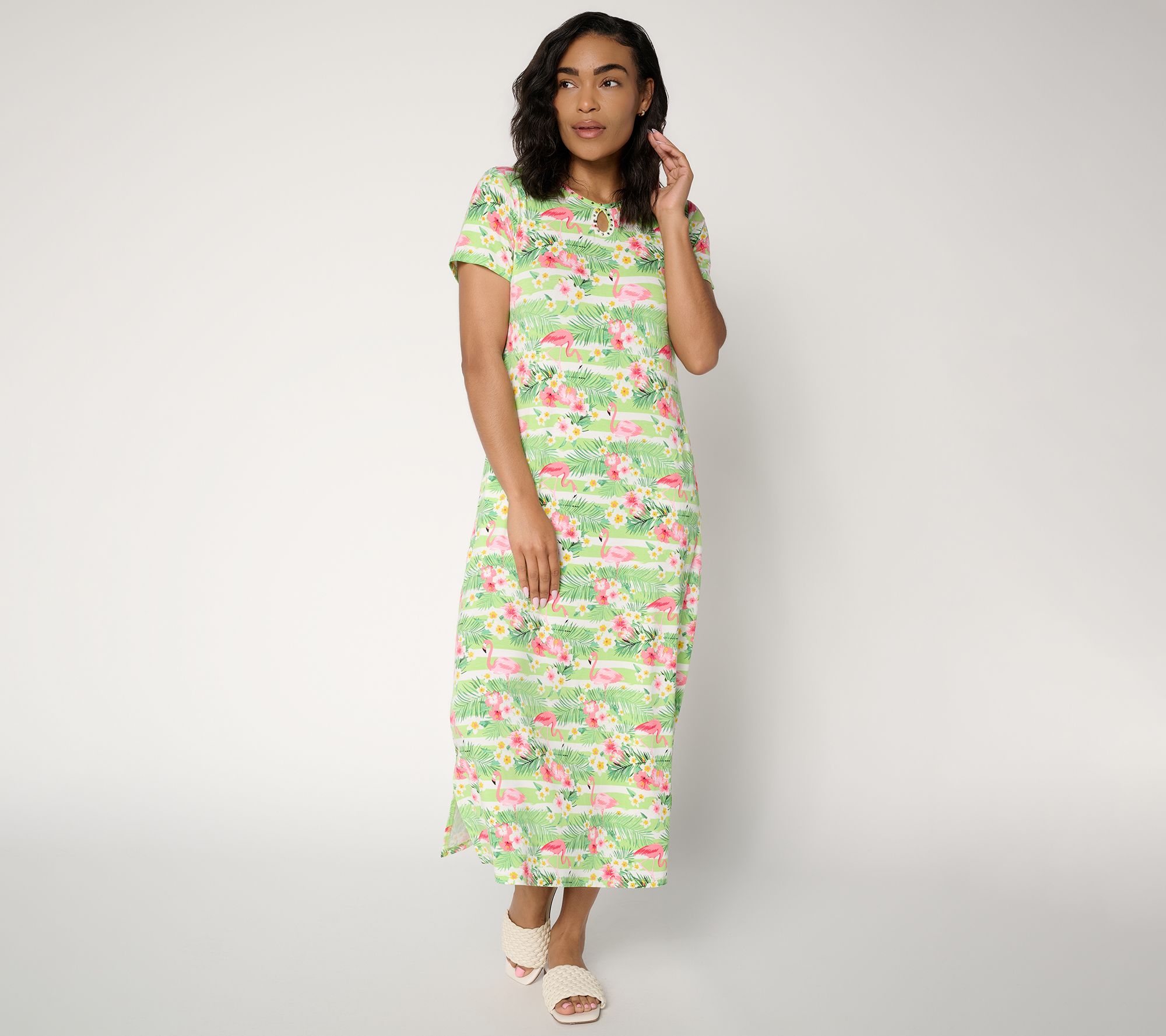 Quacker Factory Pink Flamingos Rhinestone Keyhole Printed Maxi Dress