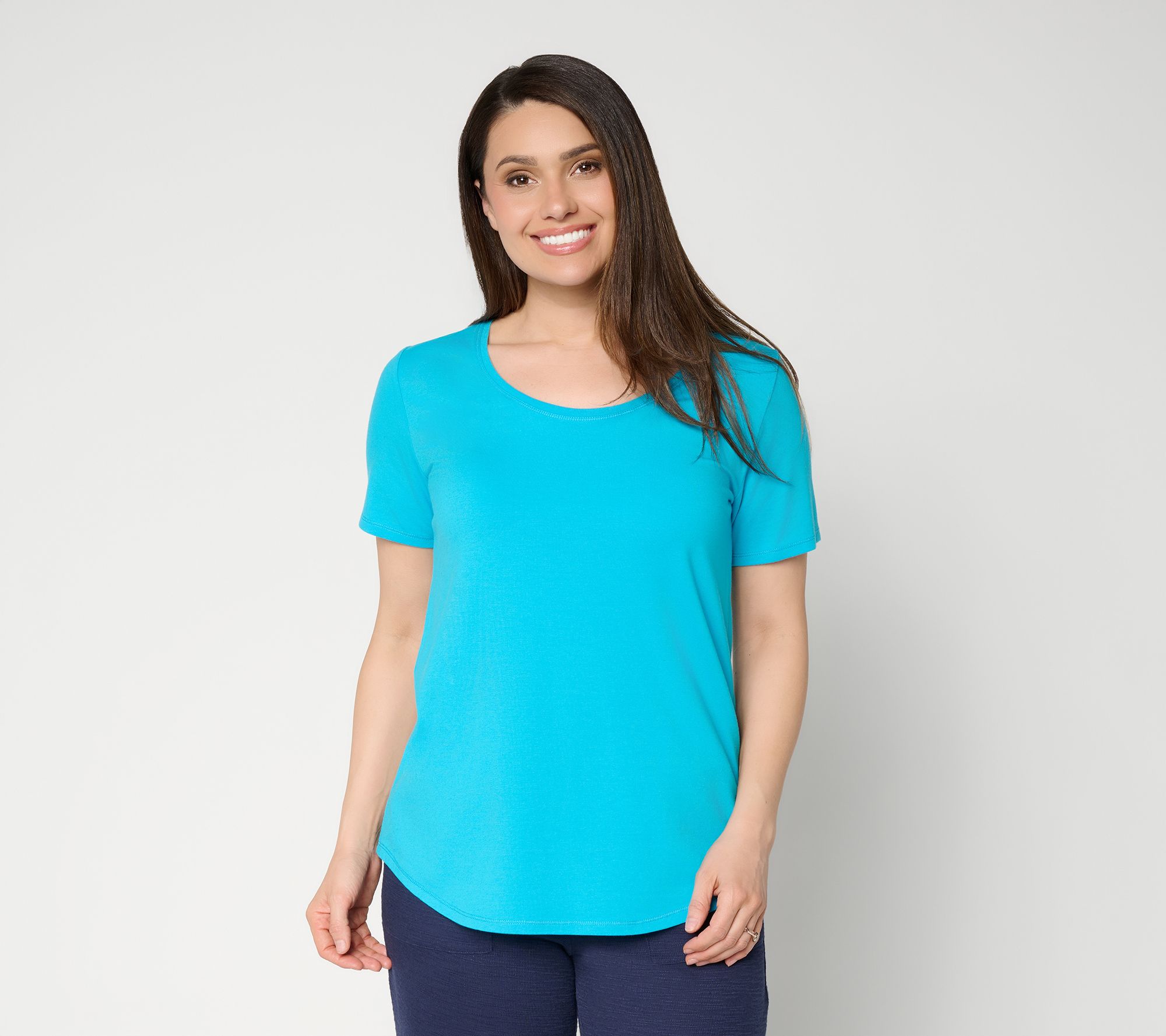  Susan Graver Essentials Comfy Cotton Top With Shirt-Tail Hem