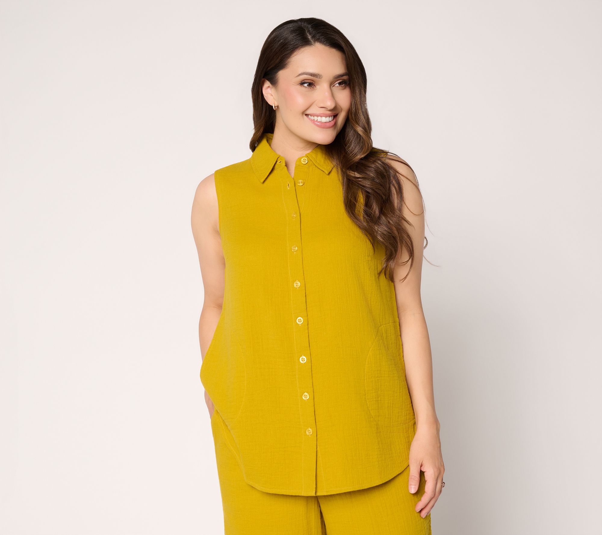 Joan Rivers Marshmallow Gauze Petite Sleeve-Less Boyfriend Shirt