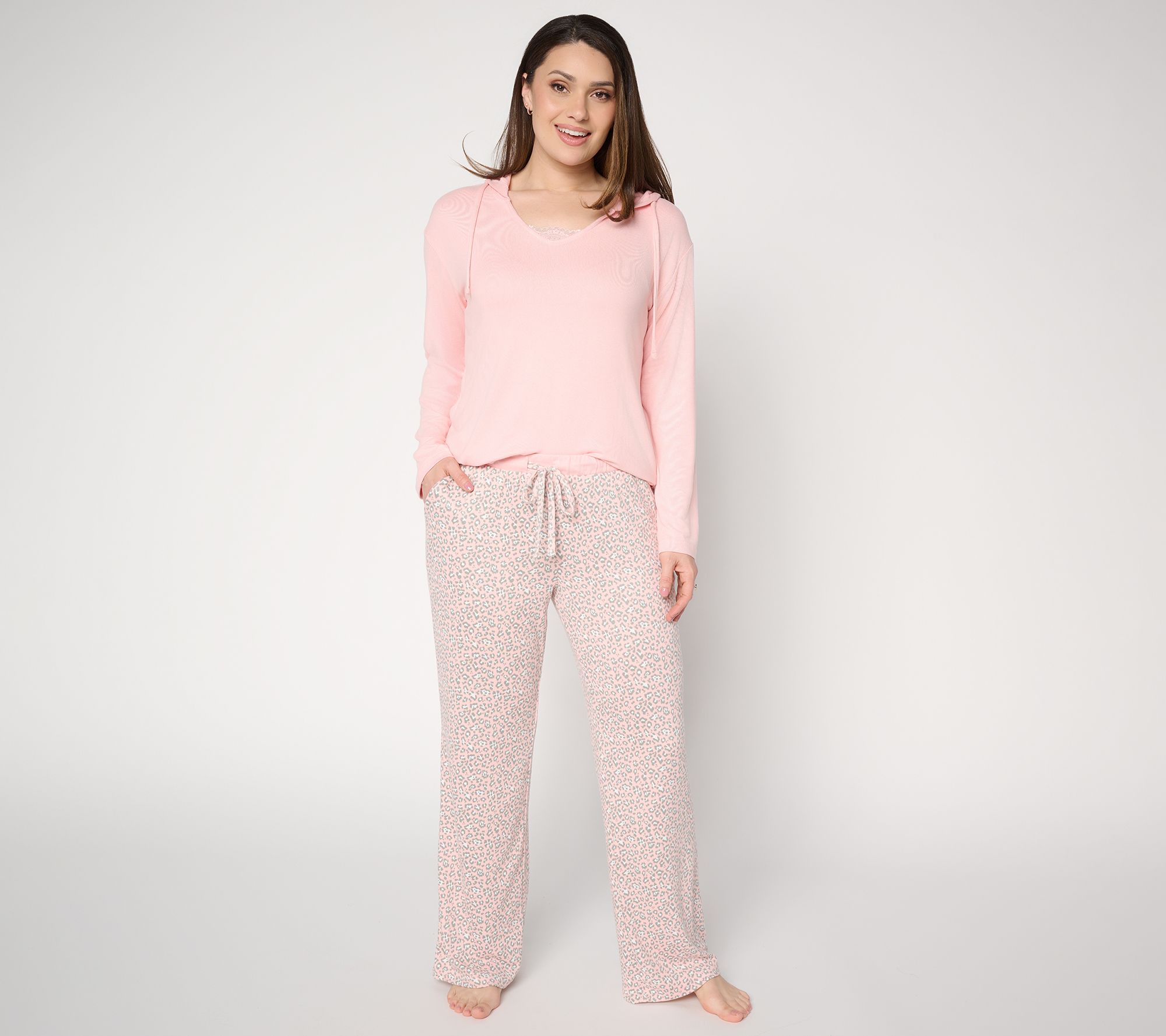 "As Is" MUK LUKS Long Sleeve Hooded Lace Neckline Pajama Set