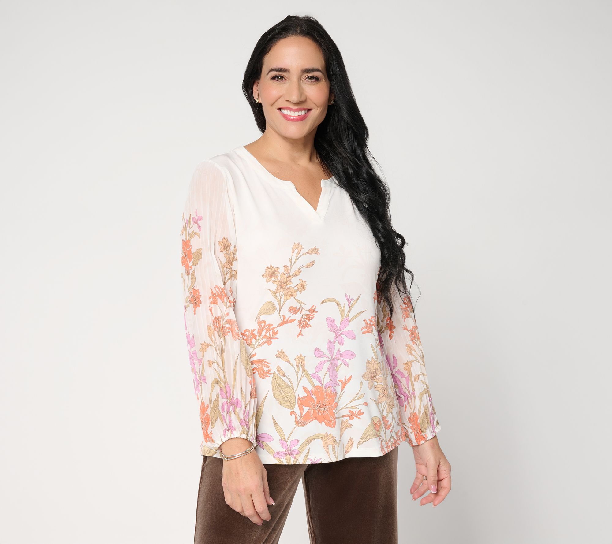 "As Is" Susan Graver Printed Liquid Knit Split Neck Pleated Top