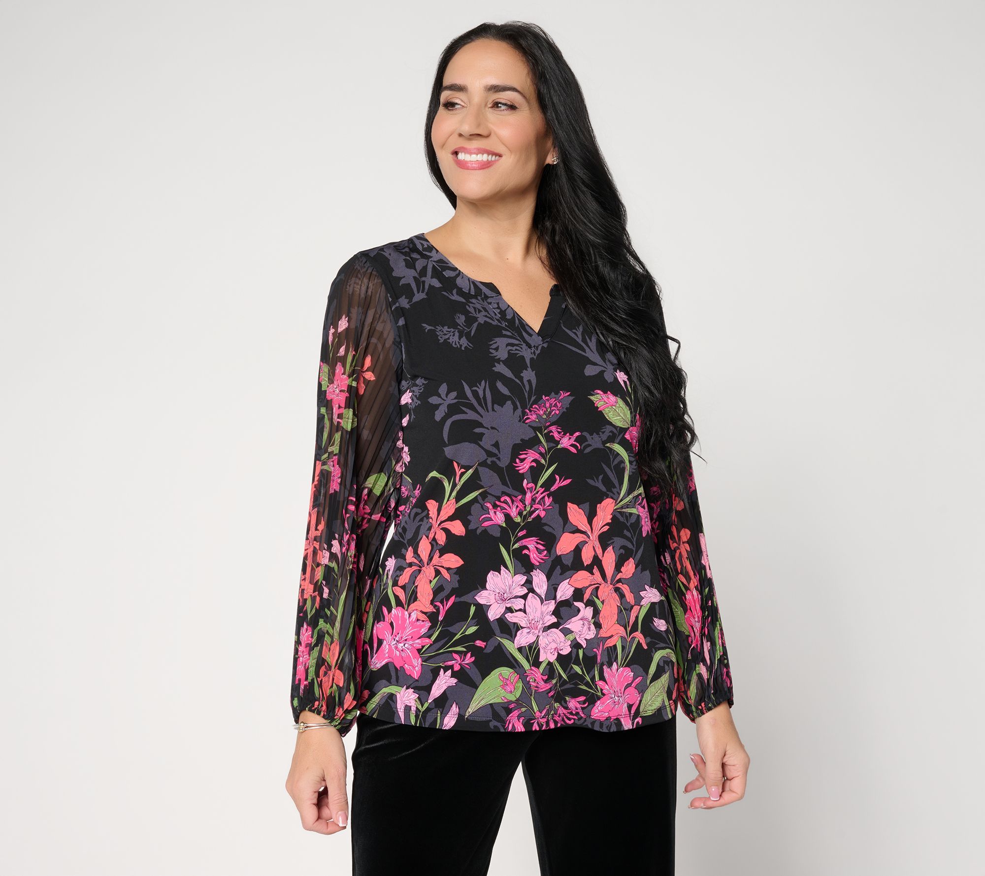 "As Is" Susan Graver Printed Liquid Knit Split Neck Pleated Top