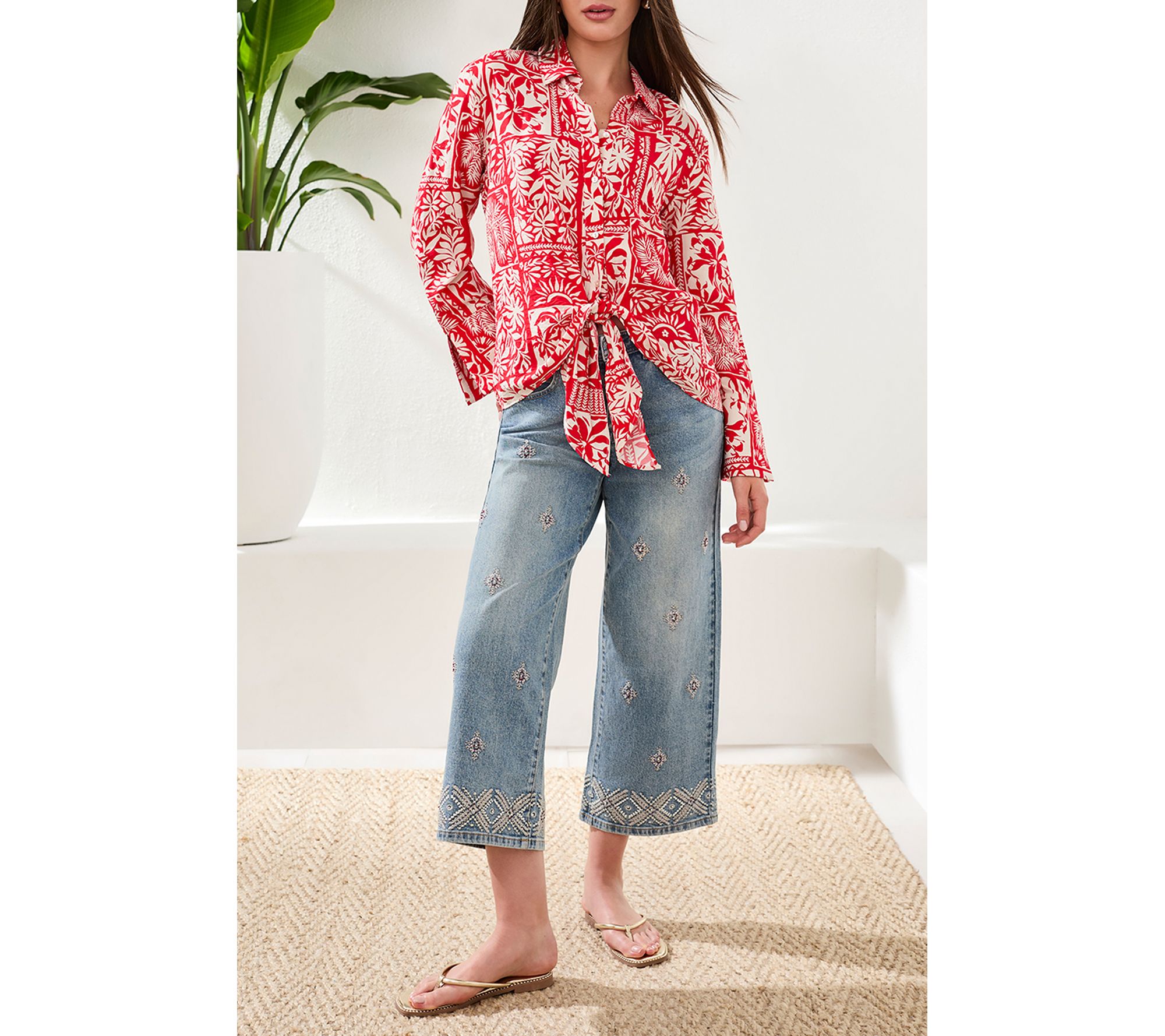 Tribal Printed Puckered Challis Blouse With TieFront