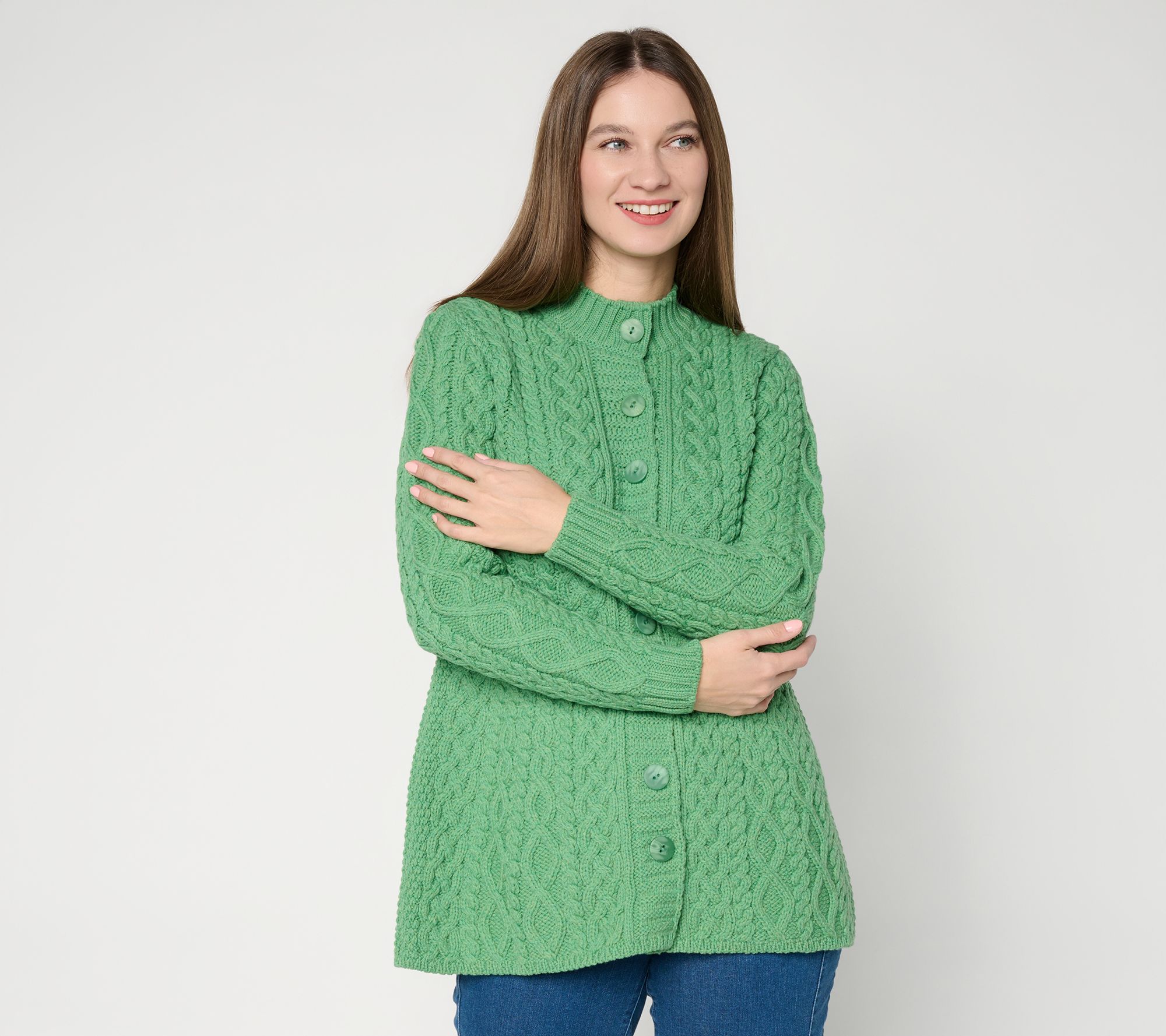 As Is Aran Crafts Merino Wool Peplum Button F ront Cardigan