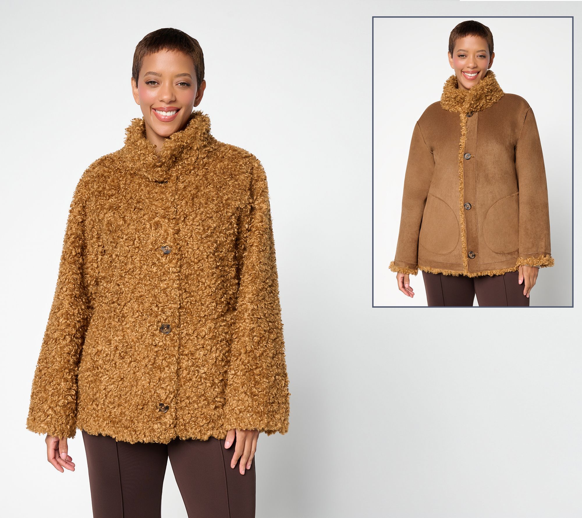 Dennis Basso Curly Faux Fur & Suede Reversible Jacket