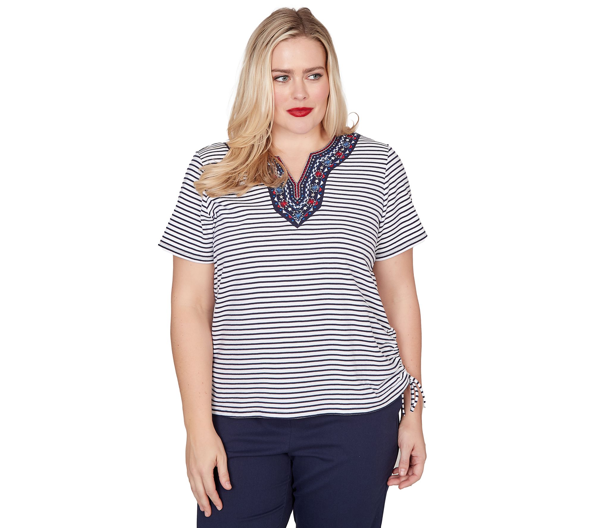Alfred Dunner Women's Embroidered Neck StripedSide Tie Top