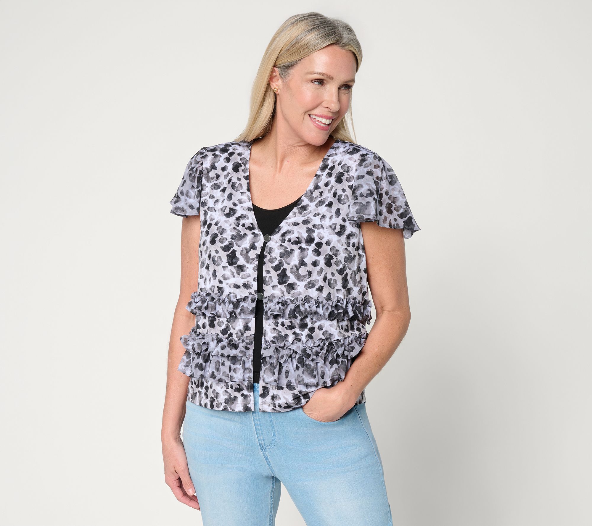 "As Is" Susan Graver Printed Liquid Knit and Sheer Woven Ruffle Shrug