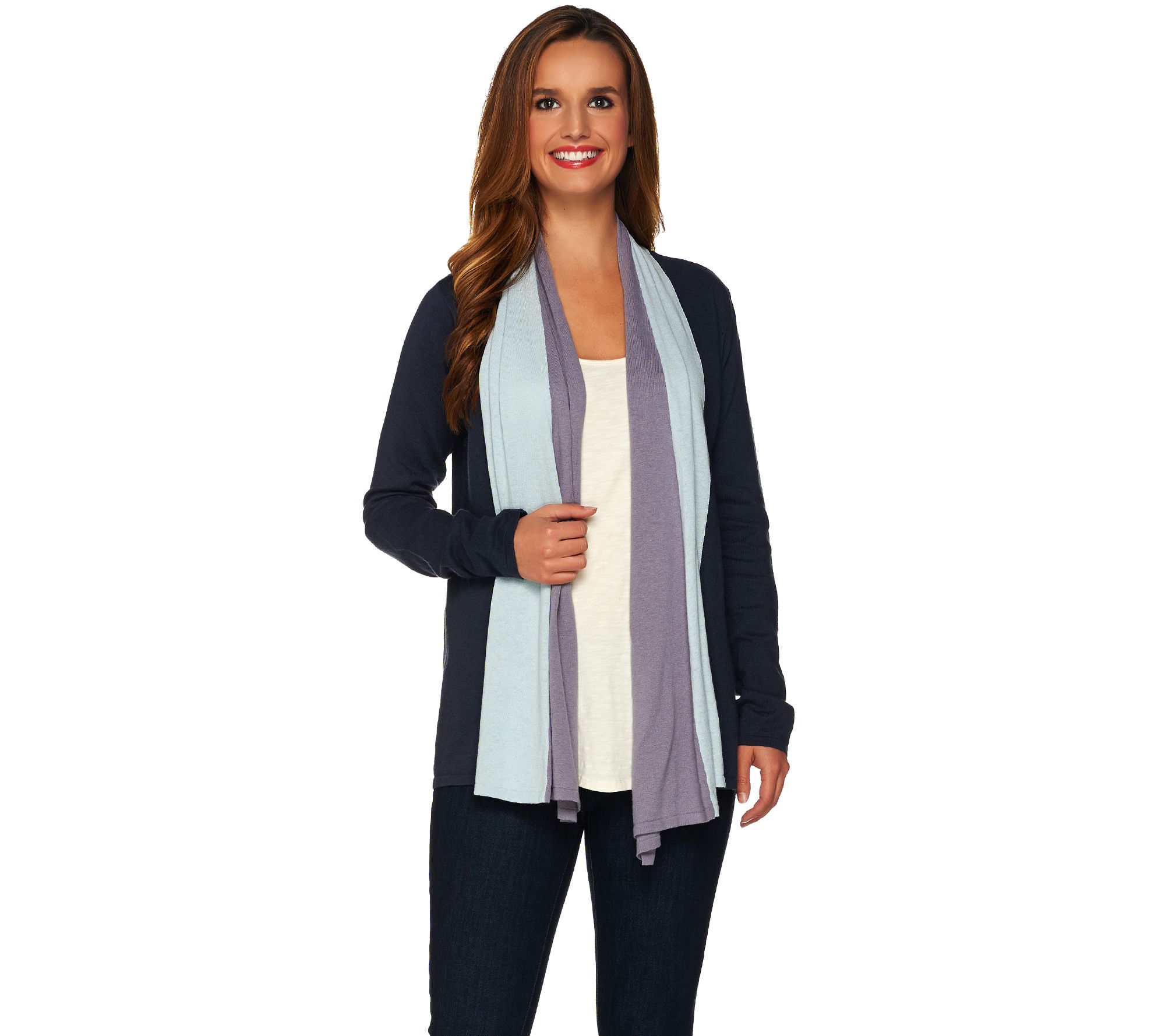 LOGO by Lori Goldstein Cotton Cashmere Color Block Cardigan - QVC.com