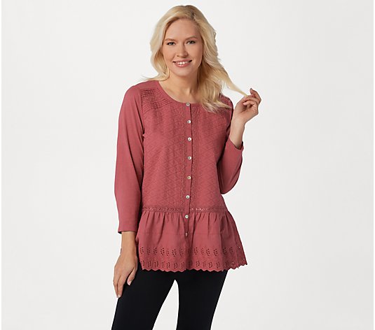 LOGO Lavish by Lori Goldstein Button-Front Top with Knit Sleeves