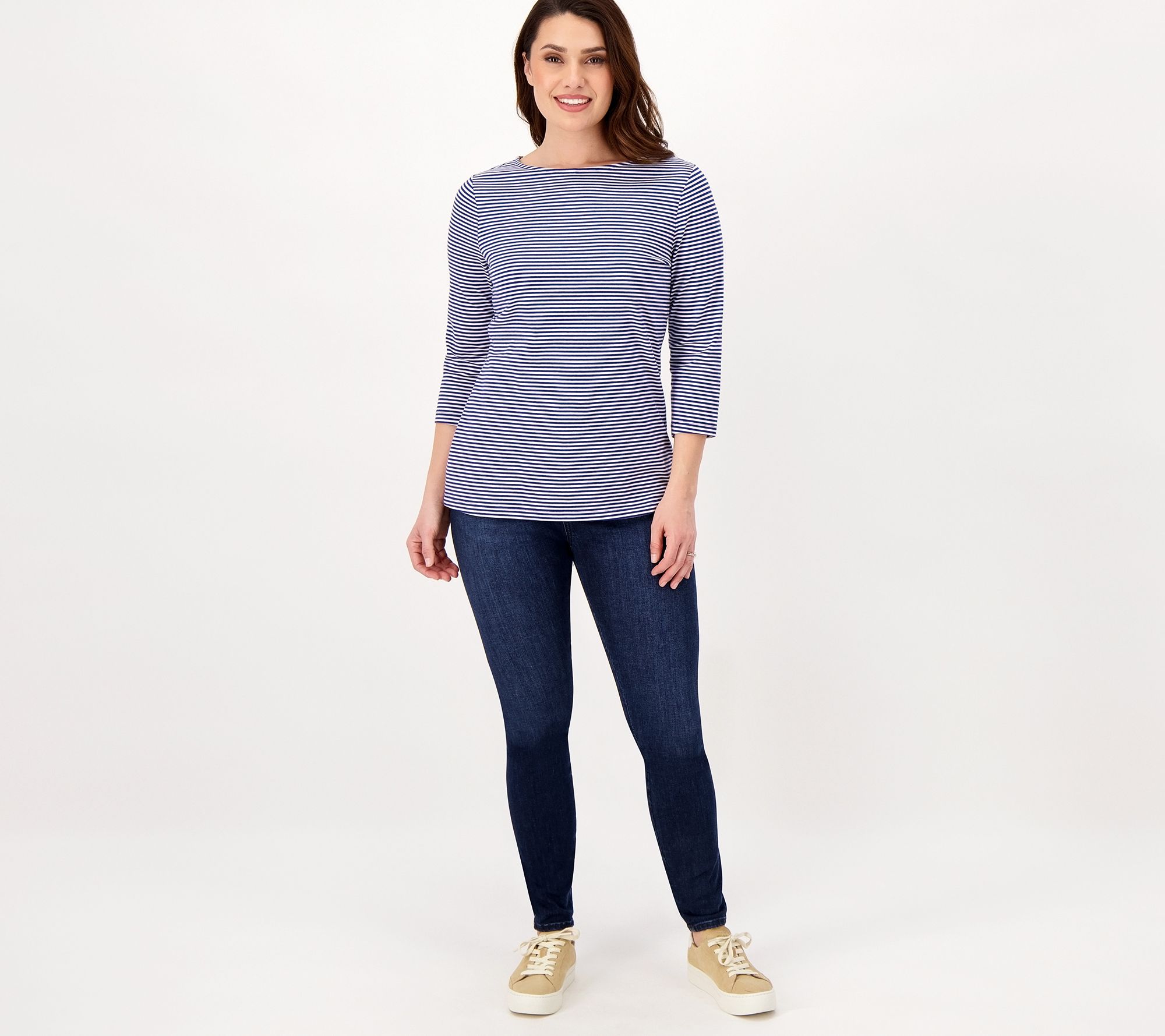 Denim & Co. Essentials Striped Jersey Boatneck 3/4 Sleeve Top