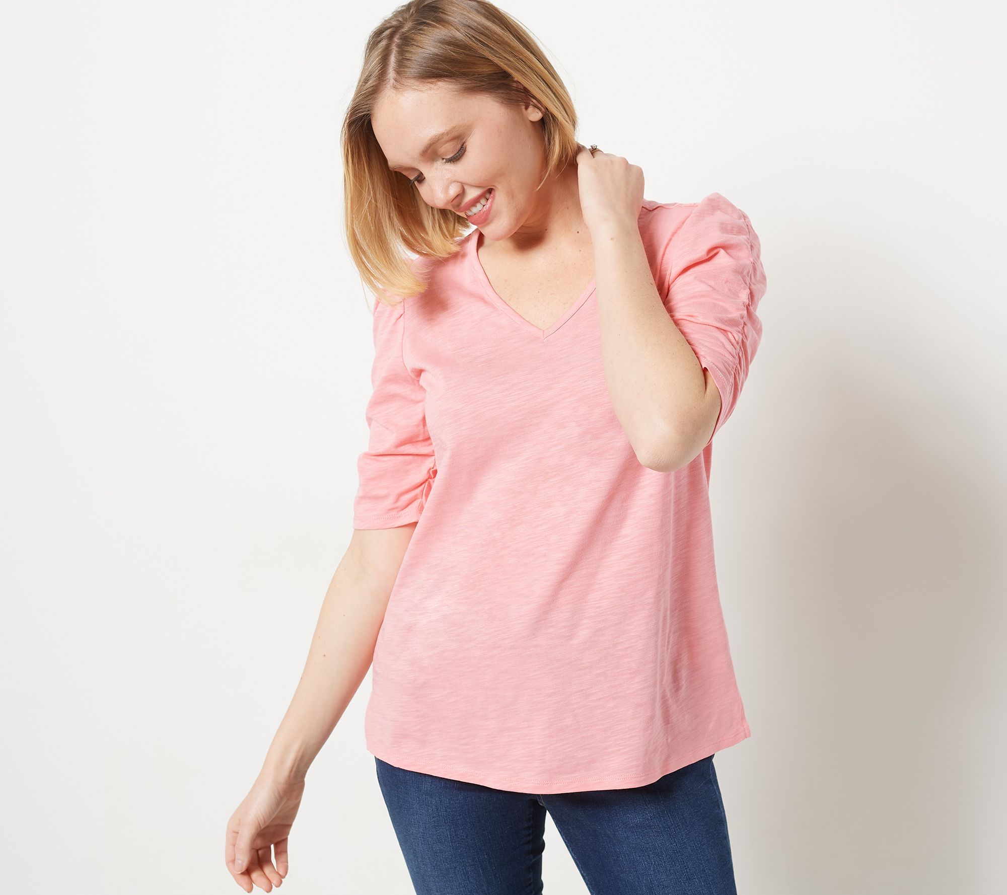 "As Is" Belle by Kim Gravel Slub Knit Ruched Elbow Sleeve Top