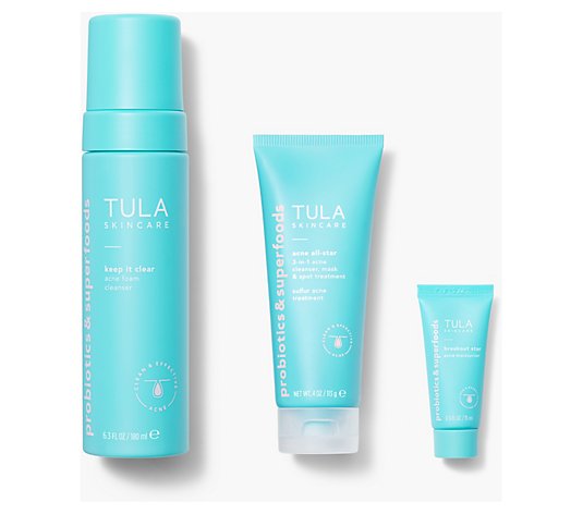 TULA 3-in-1 Acne Treatment, Foam Cleanser, &Moisturizer Kit