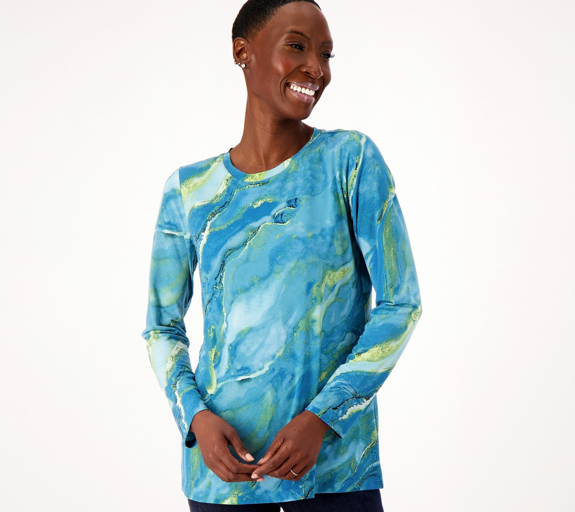 "As Is" Susan Graver Printed Liquid Knit Long Sleeve Crew Neck Top