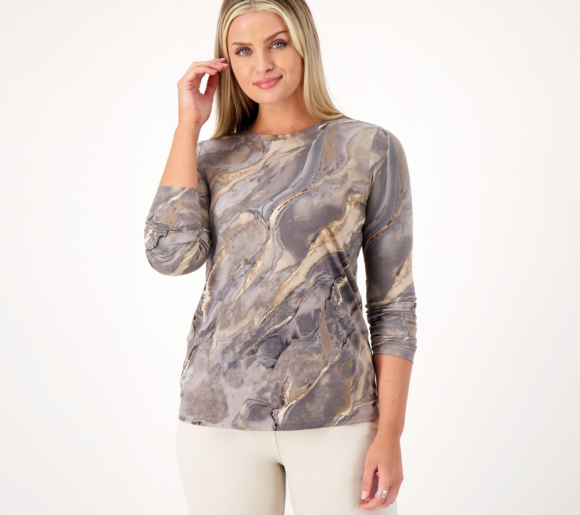 "As Is" Susan Graver Printed Liquid Knit Long Sleeve Crew Neck Top