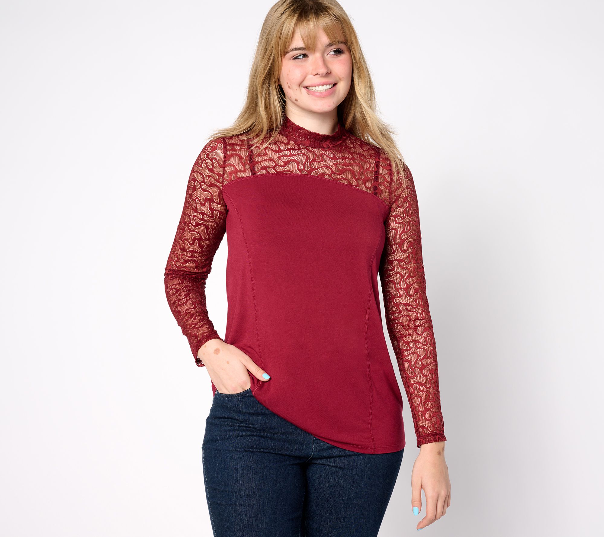 LOGO Layers by Lori Goldstein Mock Neck Top With Lace