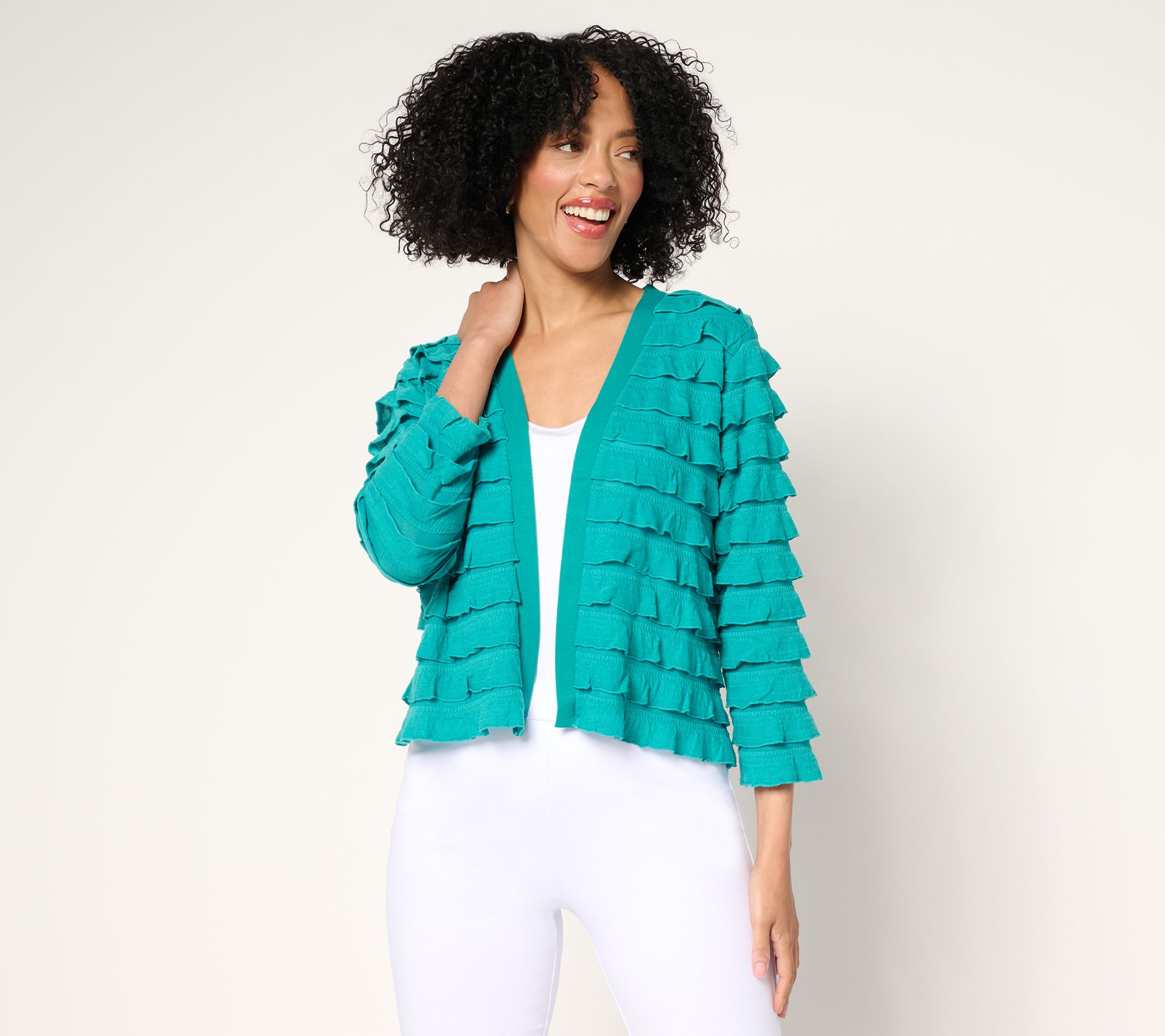 Susan Graver Tiered Ruffle Knit 3/4 Sleeve Shrug