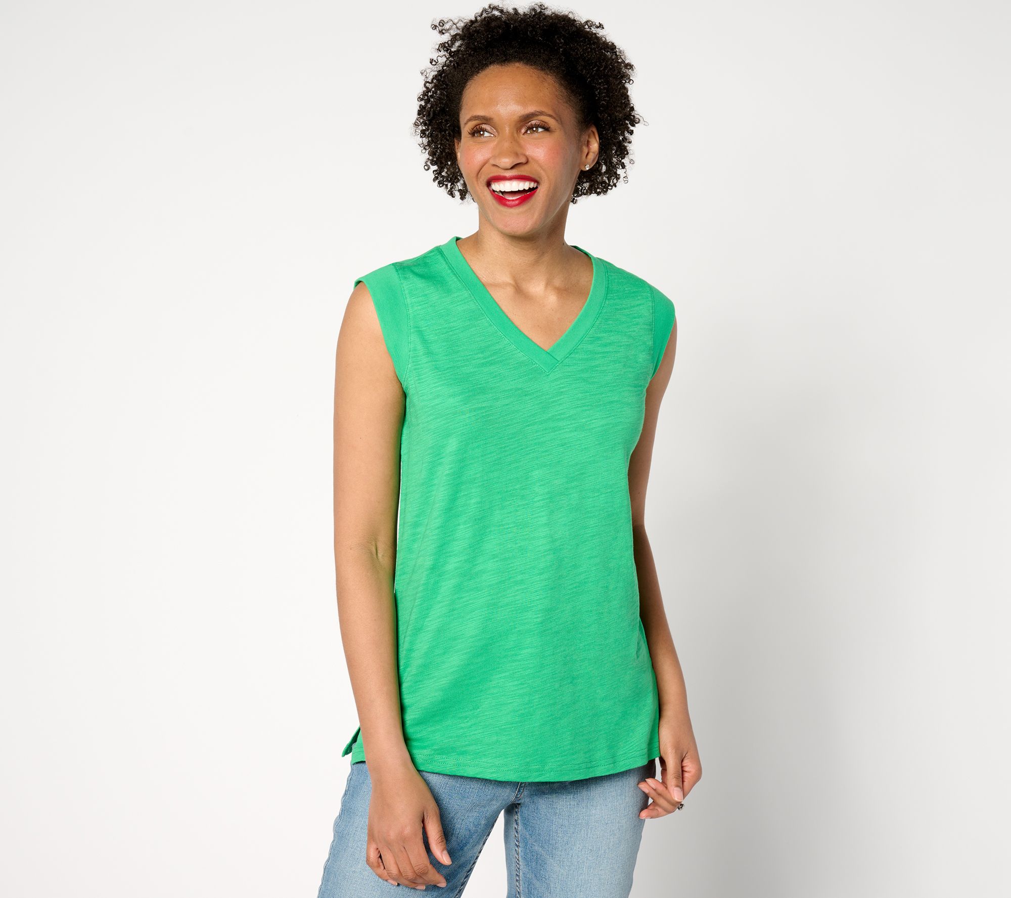 Belle by Kim Gravel Mixed Media Slub & Ribbed V Neck Top