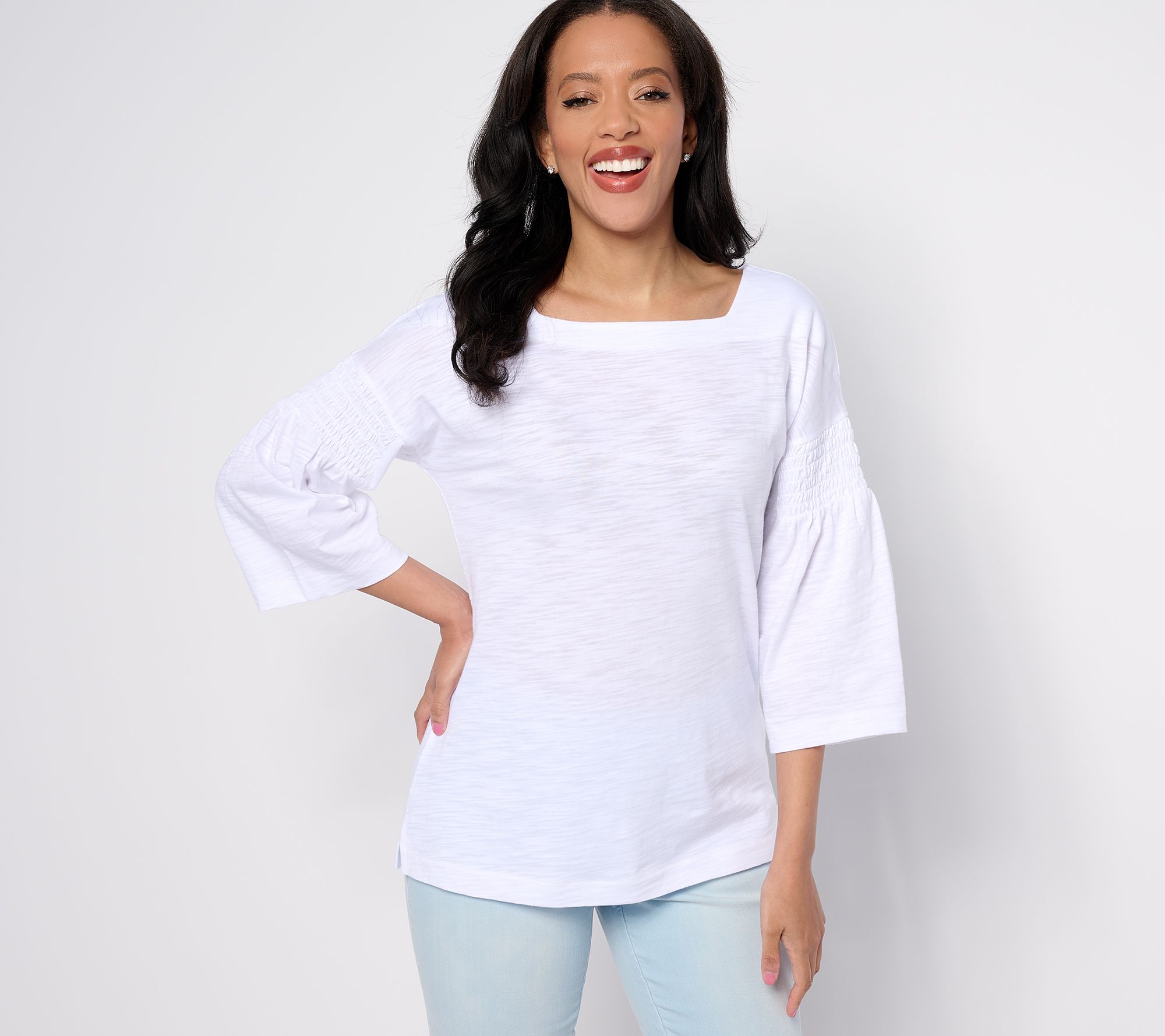 Belle by Kim Gravel Slub Knit Smock Sleeve Square Neck Top