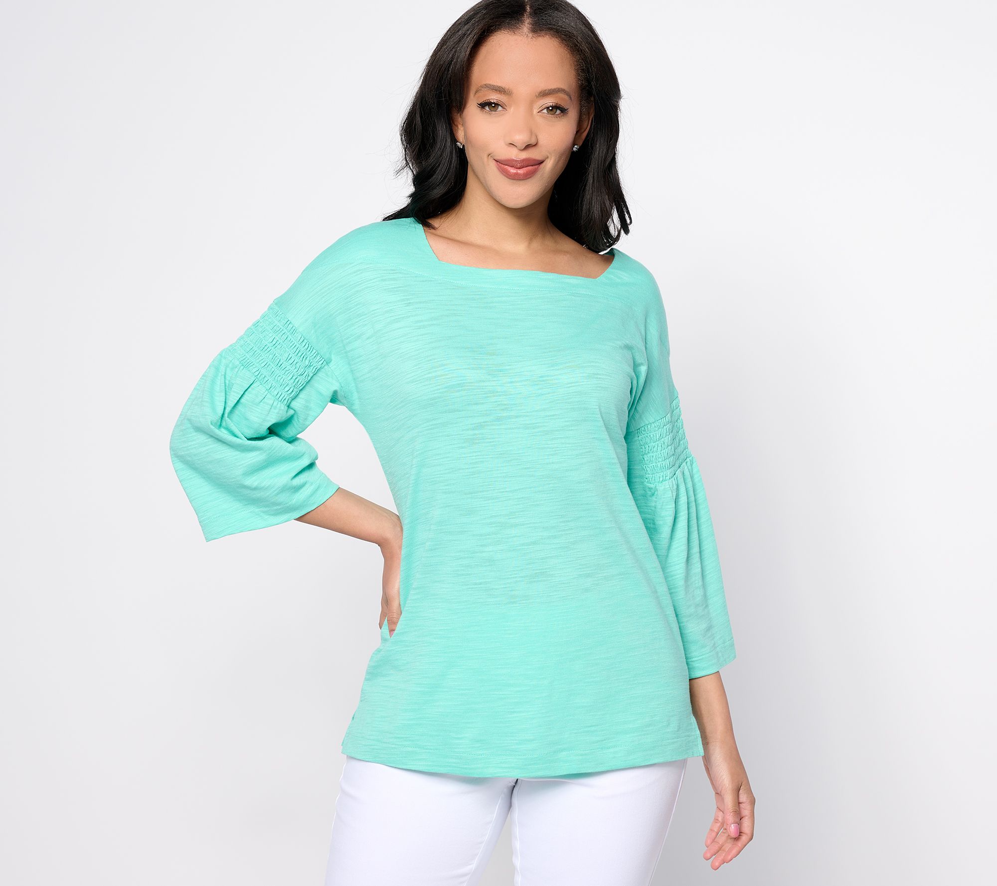 Belle by Kim Gravel Slub Knit Smock Sleeve Square Neck Top
