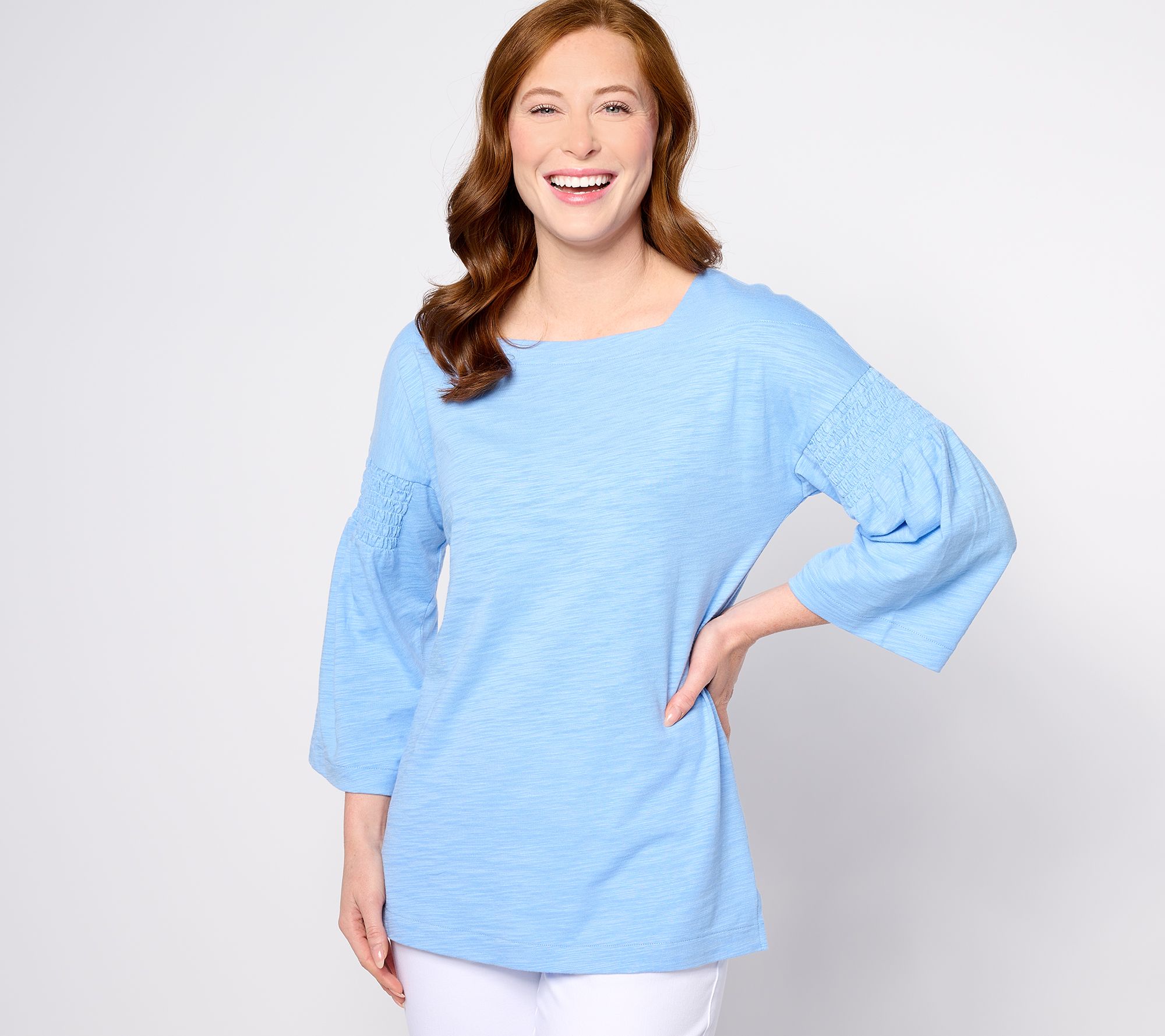 Belle by Kim Gravel Slub Knit Smock Sleeve Square Neck Top