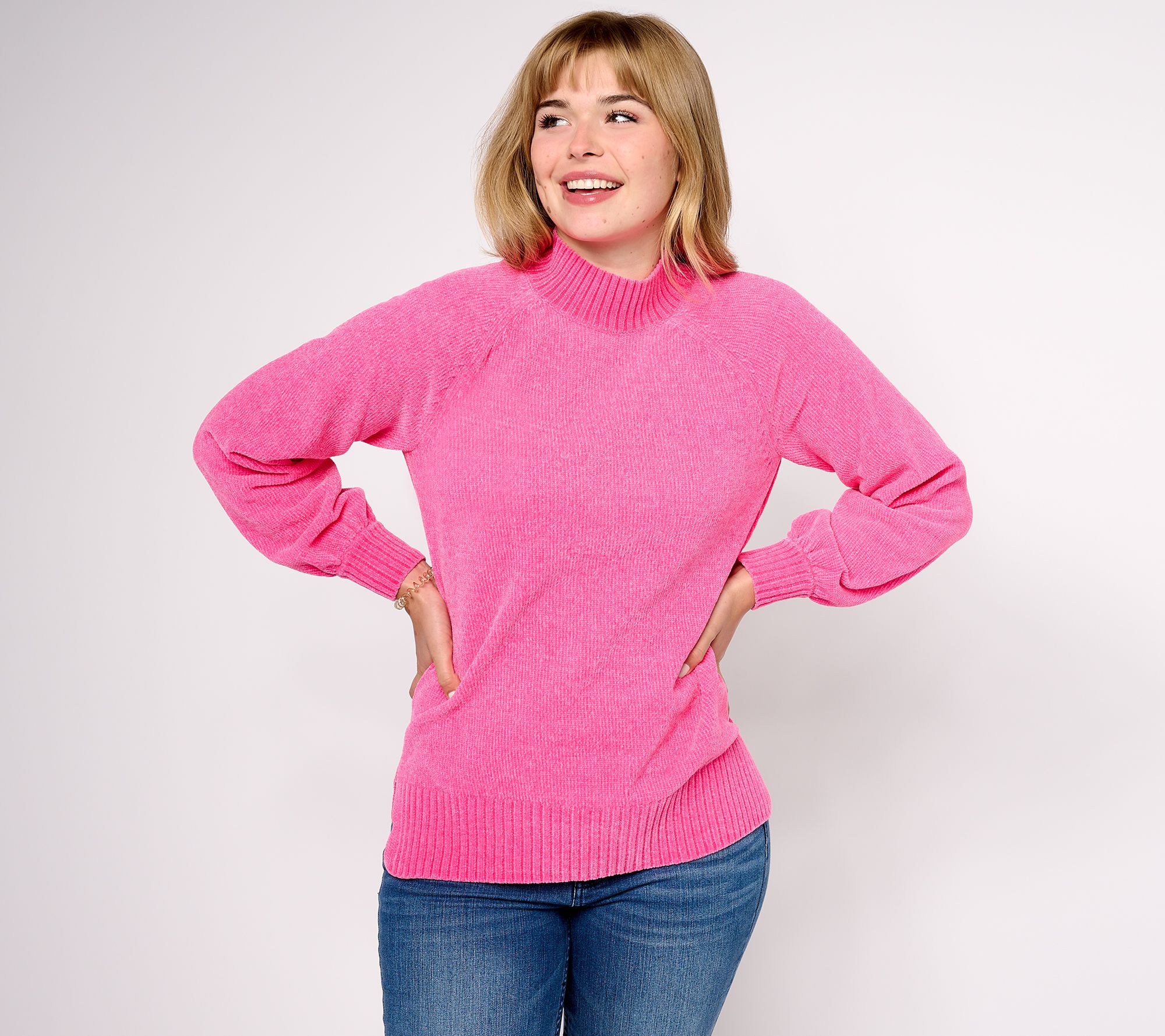 "As Is" Belle by Kim Gravel Chenille Raglan Mock Neck Sweater