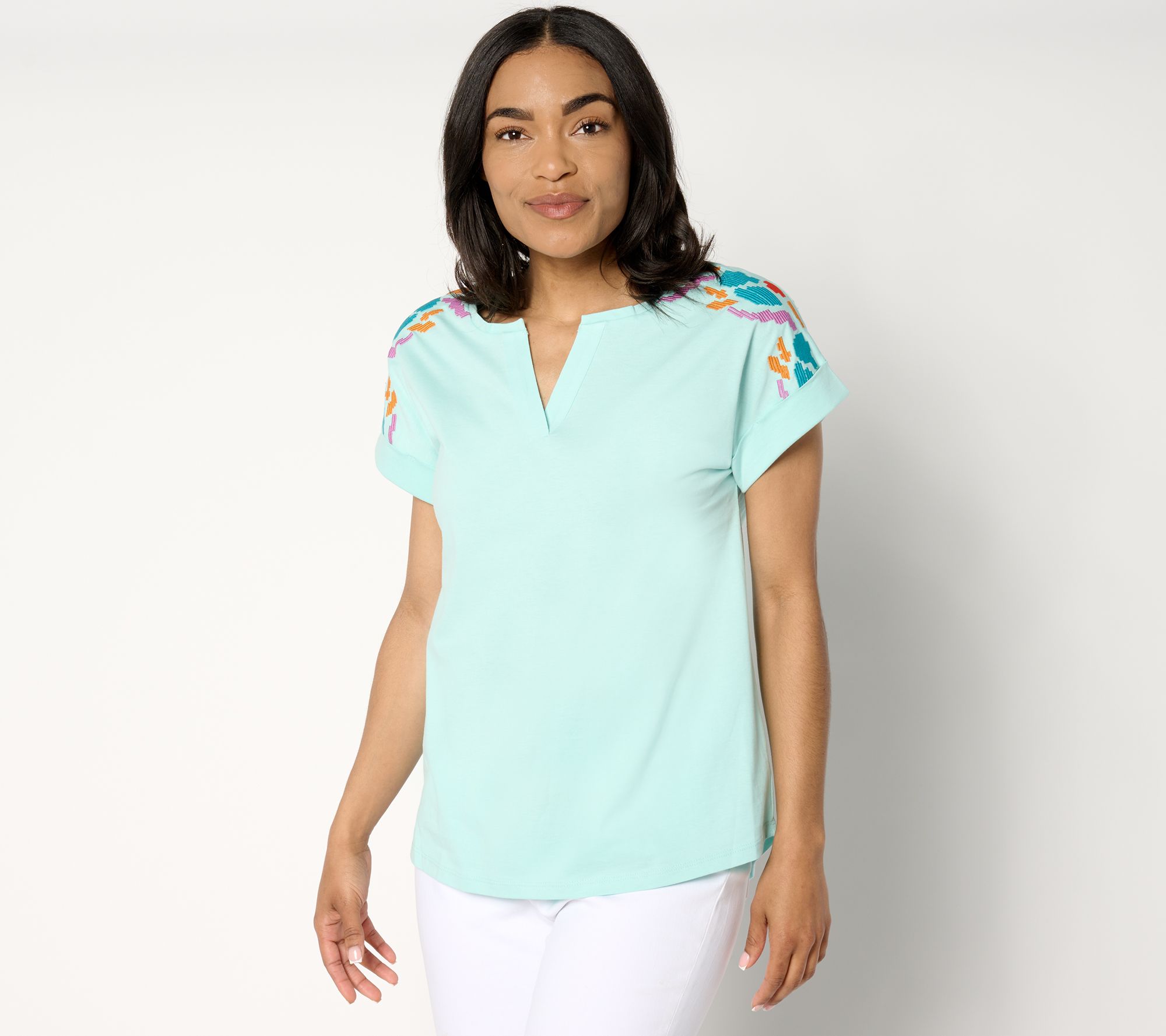 Denim & Co. Cotton Slub Jersey Embroidered Dolman Top