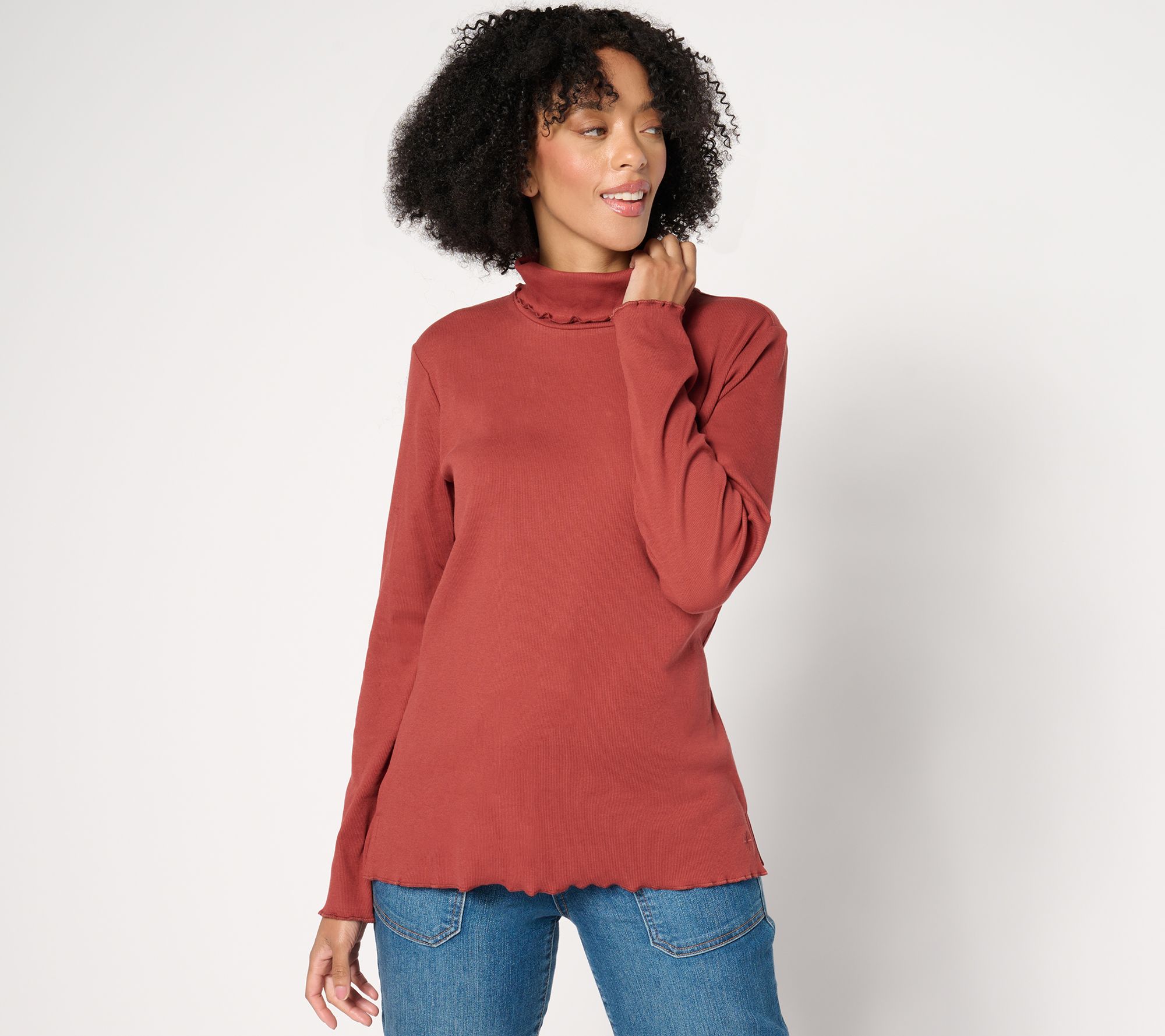 Isaac Mizrahi Live! Essentials Pima Rib Turtleneck w/ Lettuce Hem