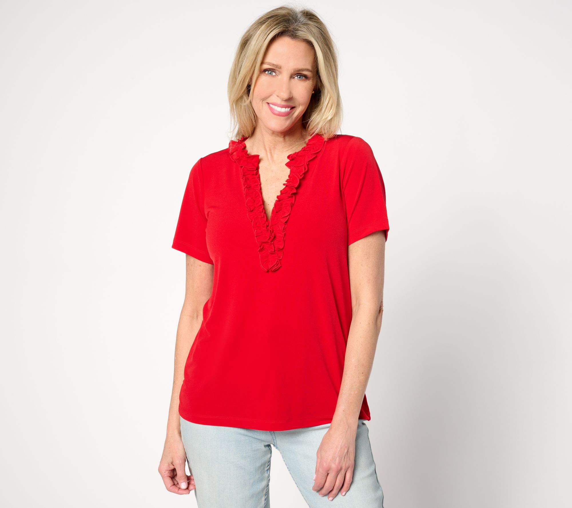 As Is Susan Graver Liquid Knit Ruffled V-Neck Short Slv Top