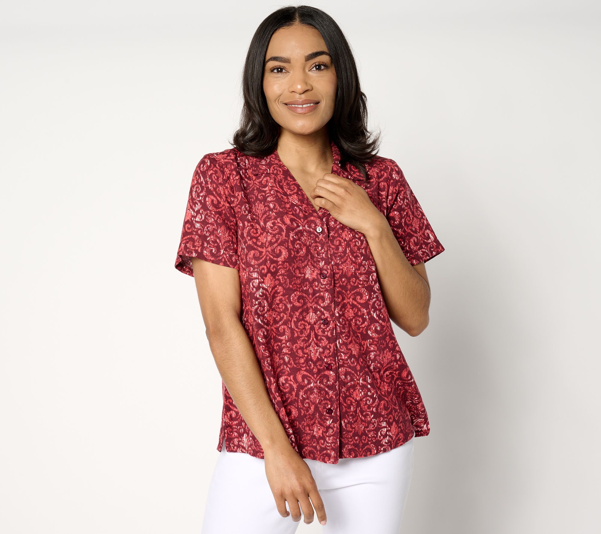 "As Is" Denim & Co. Adaptive Printed Button Down Shirt with Side Slits