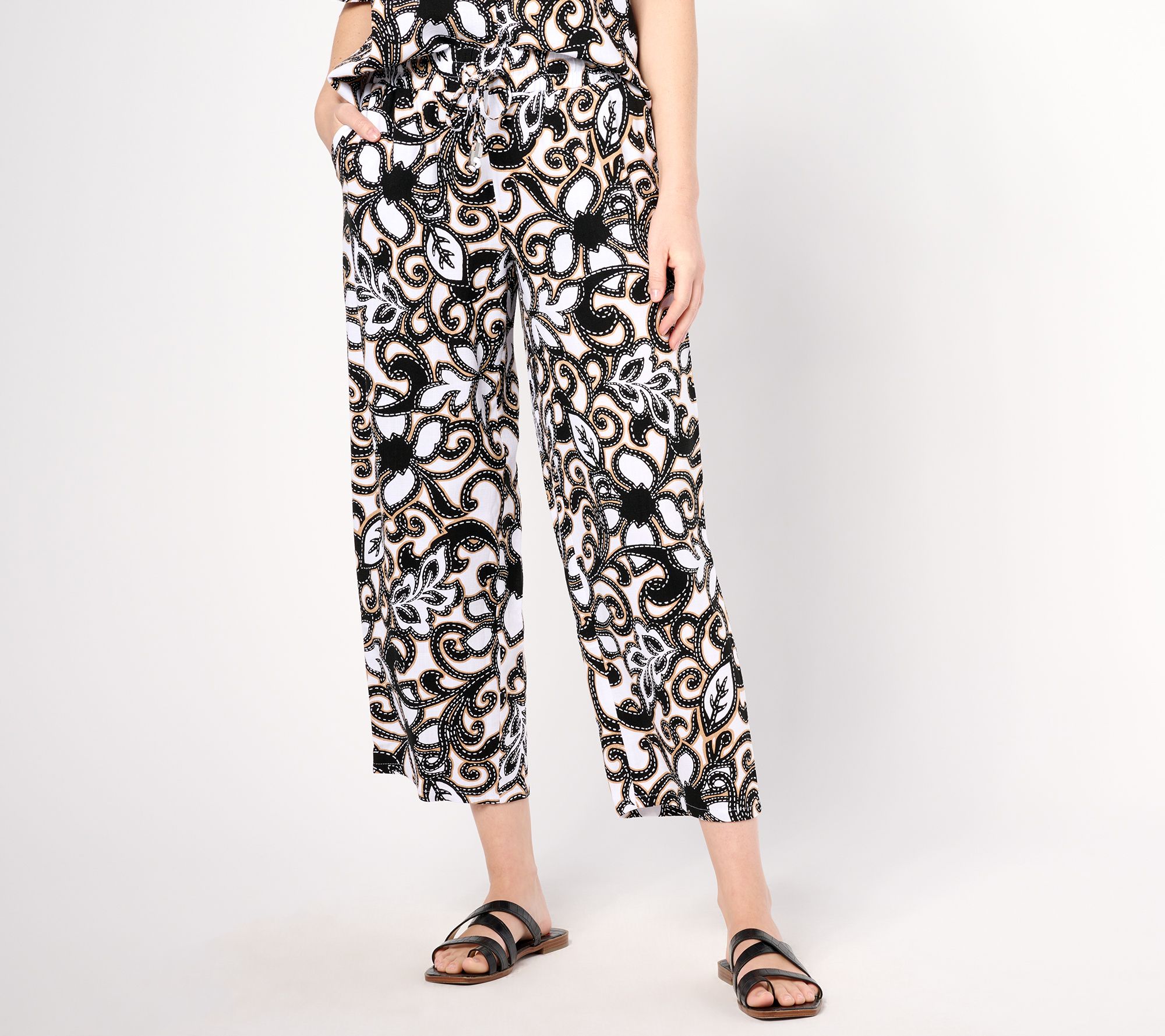 "As Is" Susan Graver PURE Petite Printed Linen Blend Wide Leg Pants