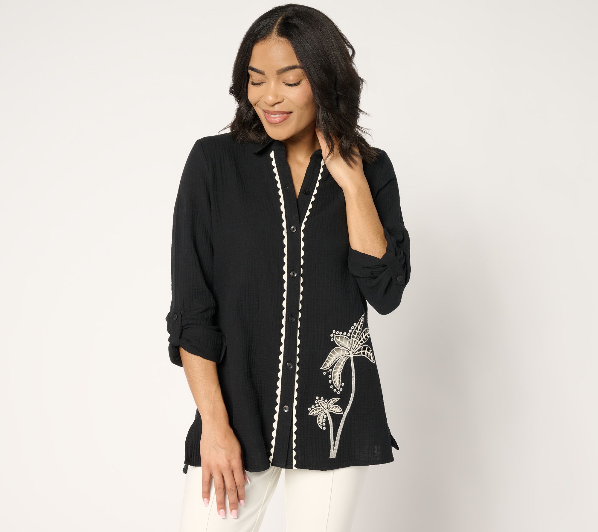 Susan Graver Soleil Petite Gauze Button Front Top with Embroidery