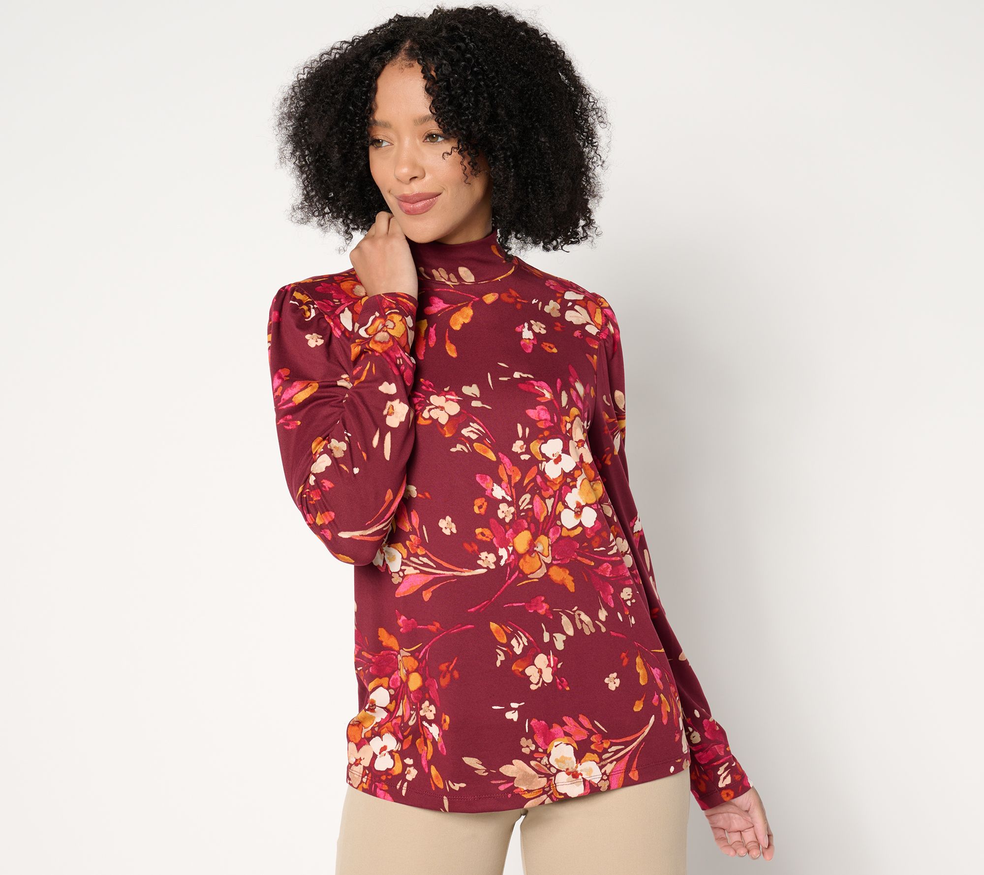 "As Is" Susan Graver Printed Brushed Liquid Knit Mock-Neck Puff Sleeve Top