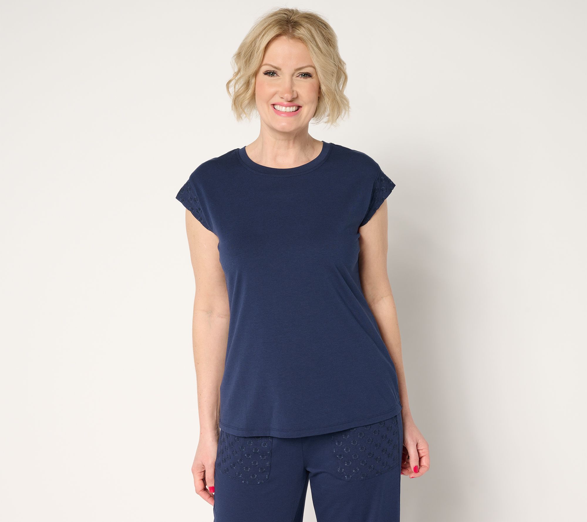 AnyBody Cozy Knit Cap Sleeve T-Shirt with Embroidery